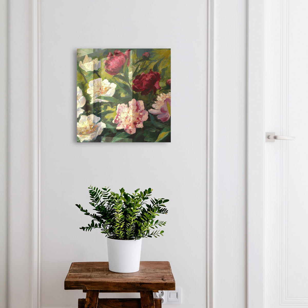 SCHLÜSSELBOX Weiß 30x30 cm – Türöffnung nach rechts - Bunte Blumen - Grün, Metall (30/30/5cm) - TULUP