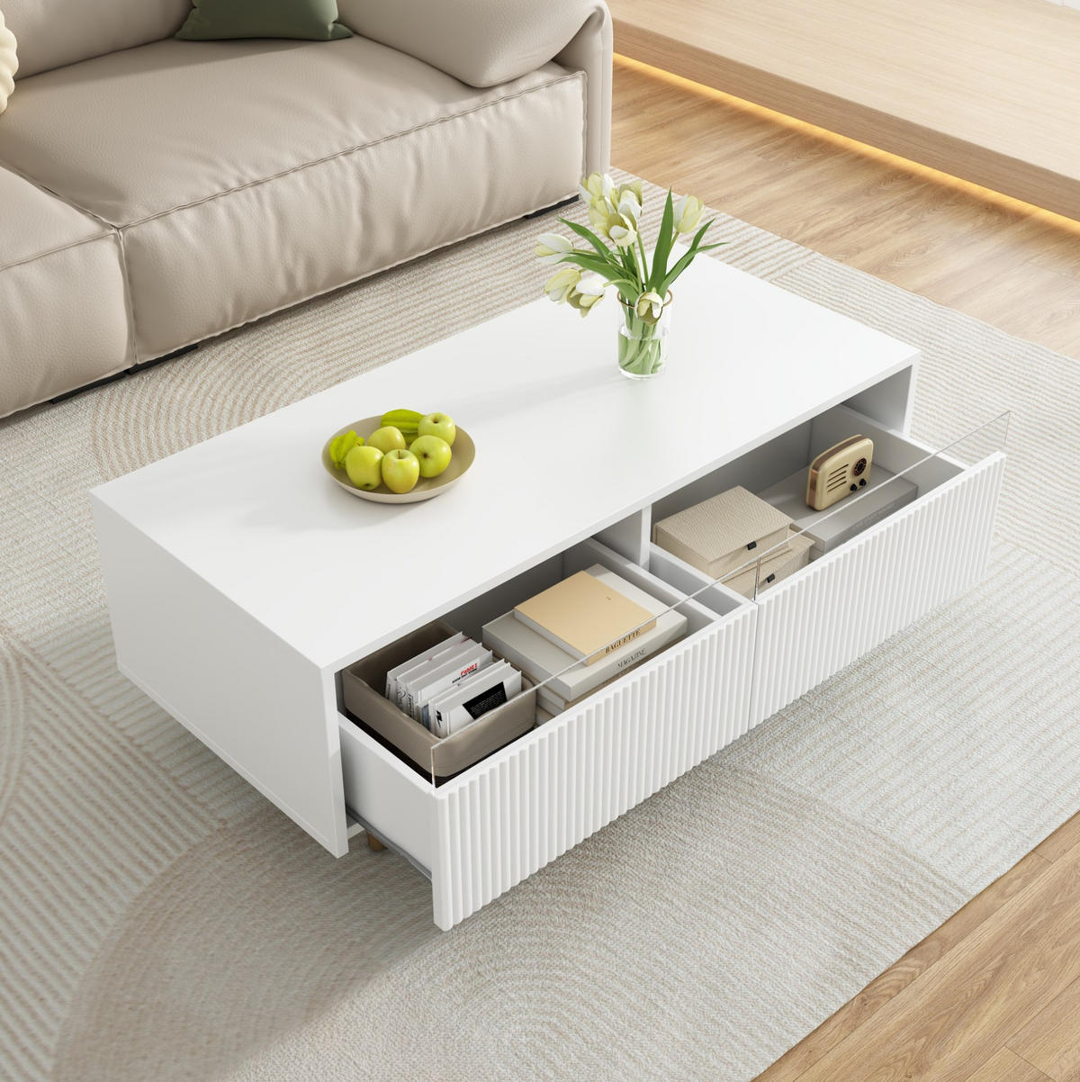 COUCHTISCH 110/50/40 cm weiß aus MDF mit LED-Beleuchtung und Schubladen - Weiß, Holzwerkstoff (100/50/40cm) - OKMYHOME
