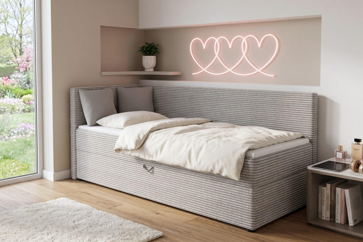 BOXBETT ROBERTO 100/200 in Cord Hellgrau H4 links - Hellgrau, Holz/Holzwerkstoff (100/200cm) - Deine Möbel 24