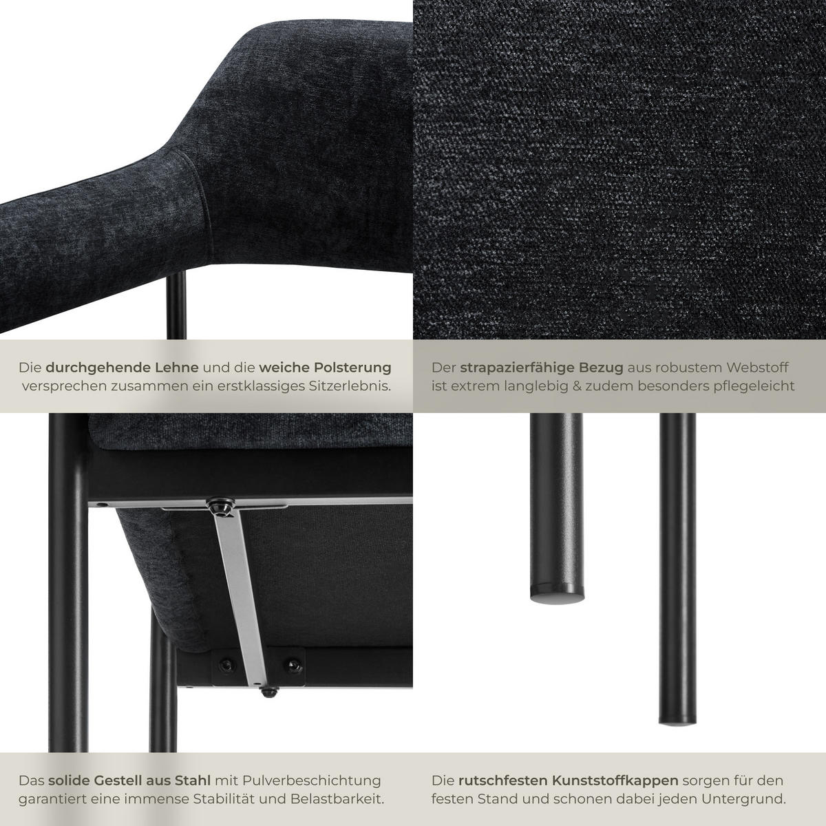 ARMLEHNSTUHL 6er Set Doé 58 x 62 x 85 cm Webstoff schwarz/schwarz - Schwarz, Textil (58/85/62cm) - tectake