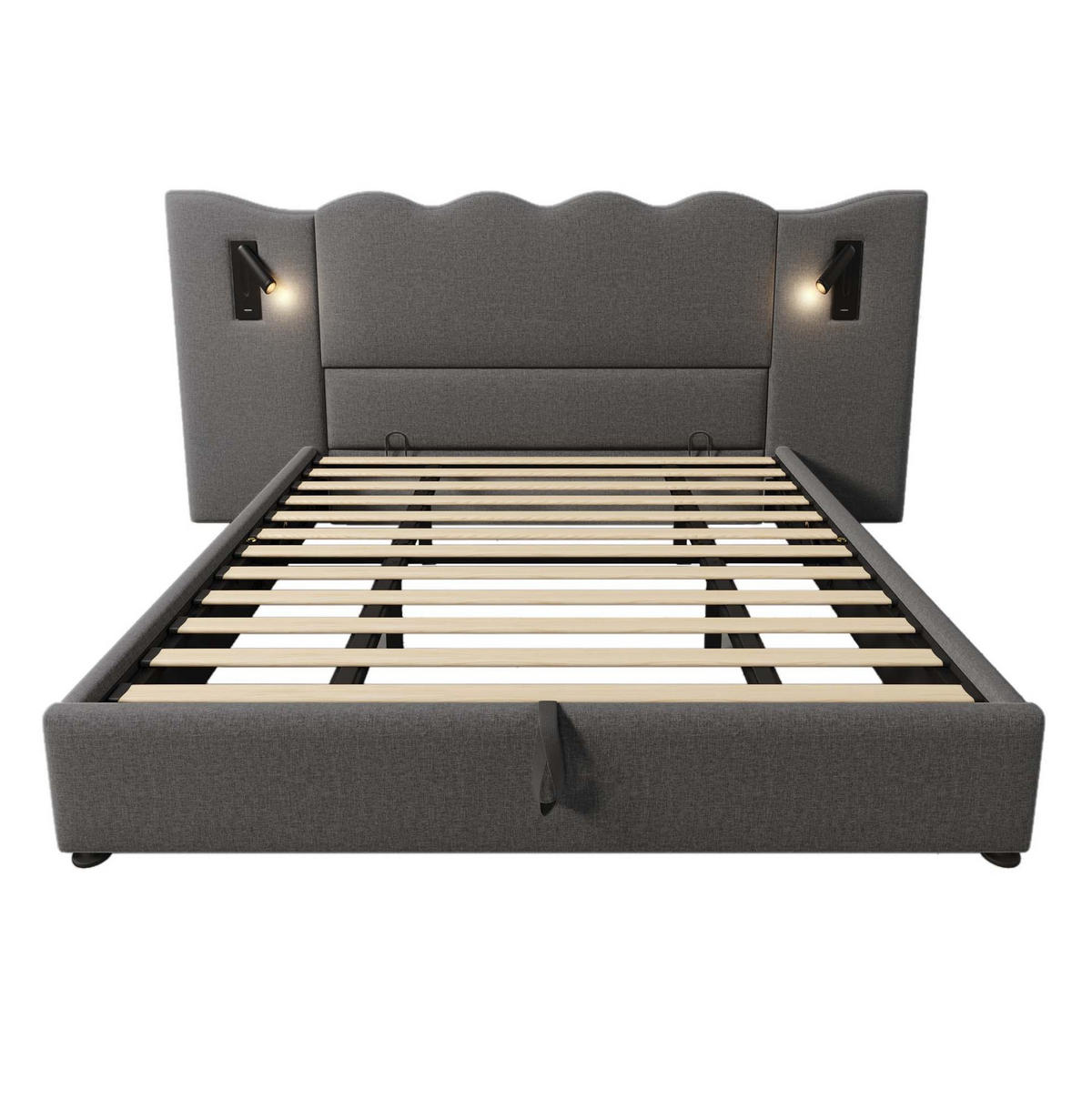POLSTERBETT aus Leinen 180x200 cm Grau mit Bettkasten, Leselampe sowie USB- und USB-C-Anschlüssen - Grau, Textil (180/200cm) - IVMEU