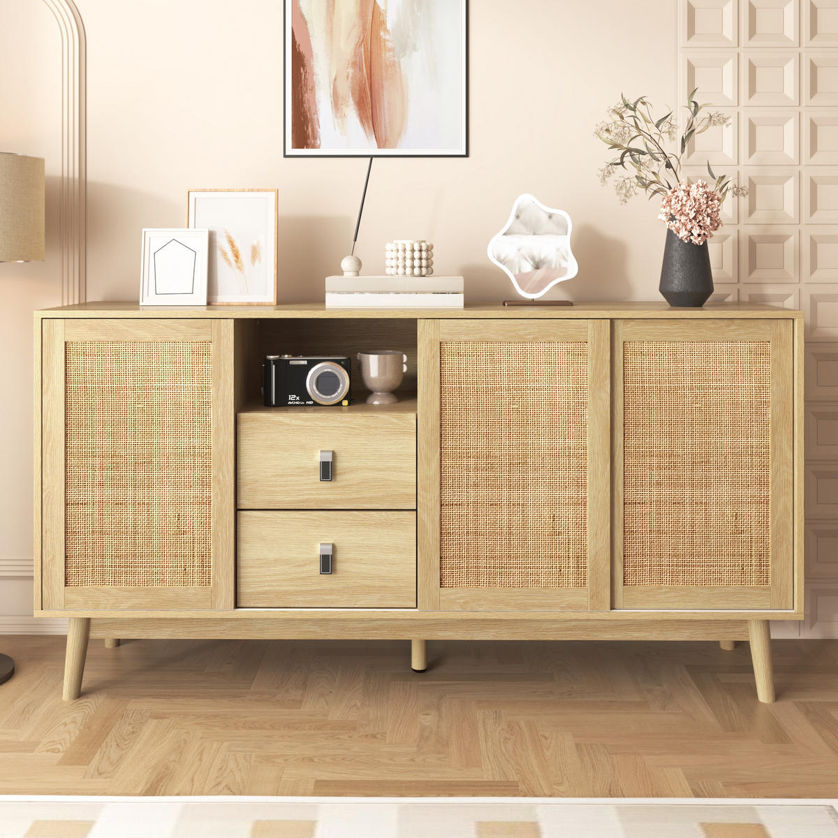 SIDEBOARD aus MDF/Spanplatte mit Rattan-Schiebetüren und 2 Schubladen, 155/38/80 cm，Naturfarben - Naturfarben, Holzwerkstoff (38/80/155cm) - Redom