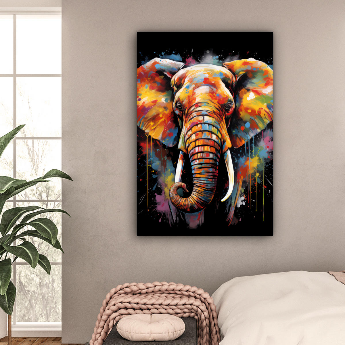LEINWANDBILD Elefant - Graffiti - Schwarz - Tiere - Farben Deko Groß 90x140 cm - Schwarz, Textil (90/140cm) - MuchoWow