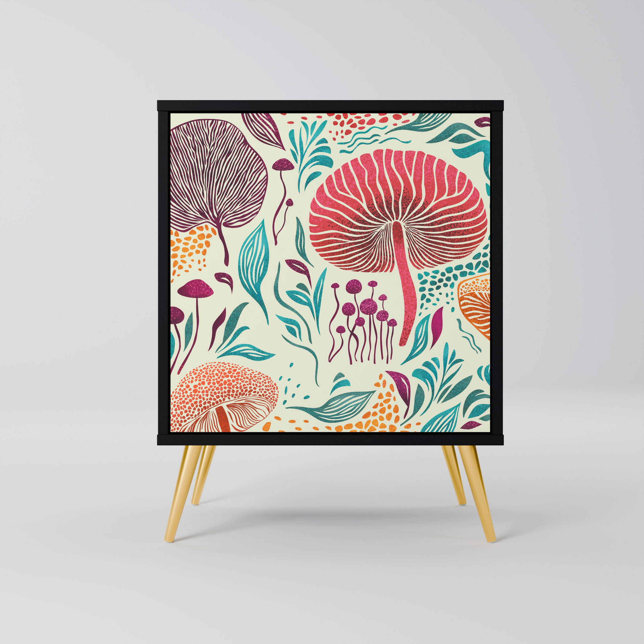 SIDEBOARD FUNGUS FANTASY, Schwarz, 57,5x42x75,5 cm, Goldfarbene Metallfüße - Goldfarben/Multicolor, Holzwerkstoff/Metall (57.5/75.5/42cm) - SpaceRebels