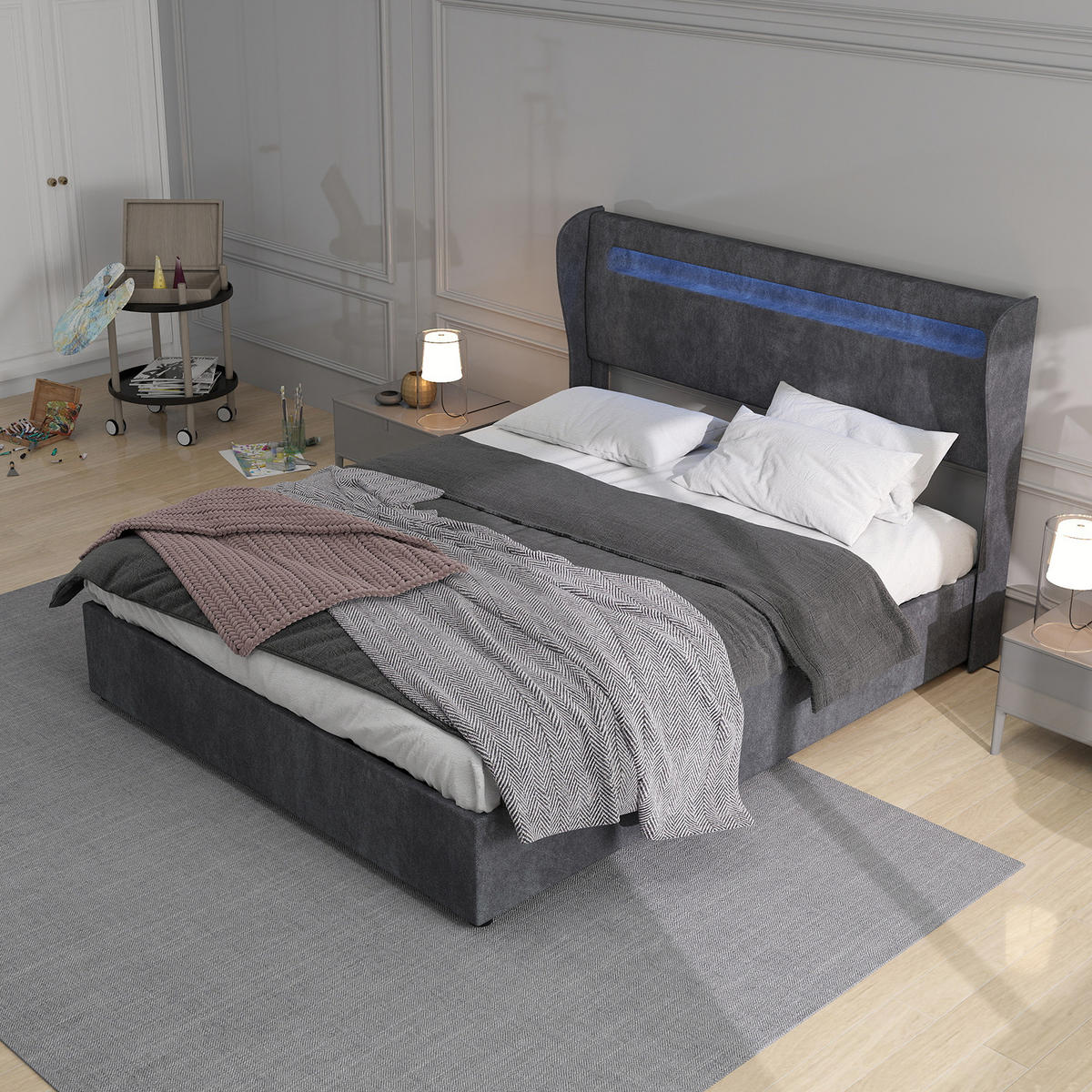 POLSTERBETT 160x200 cm LED Stauraum grau - Grau, Textil (160/200cm) - LEBENLANG