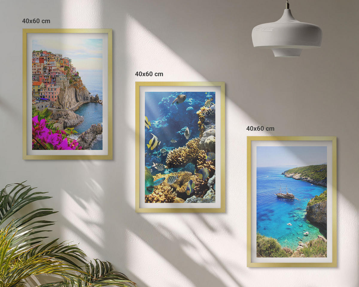 BILDER SET 3er Set - 40x60 cm Goldrahmen - Meerblick, farbenfrohe Häuser - Goldfarben, Kunststoff (40/60cm) - TULUP