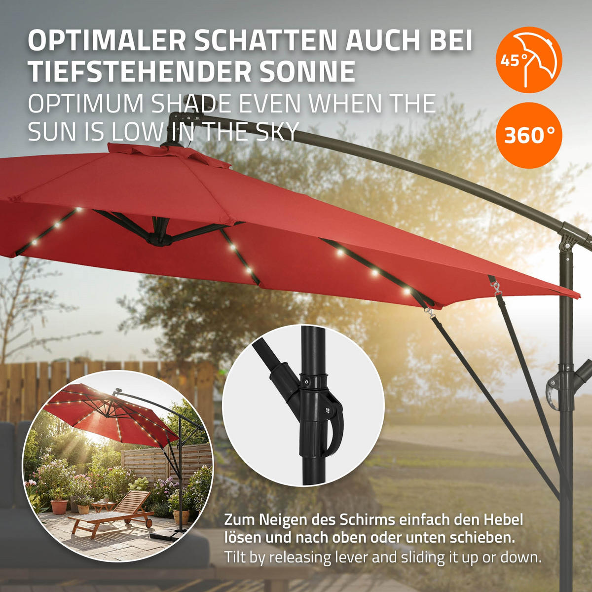 AMPELSCHIRM Ø 300 cm in Rot aus Aluminium mit LED-Solar - Rot, Metall (300/300cm) - ML-DESIGN