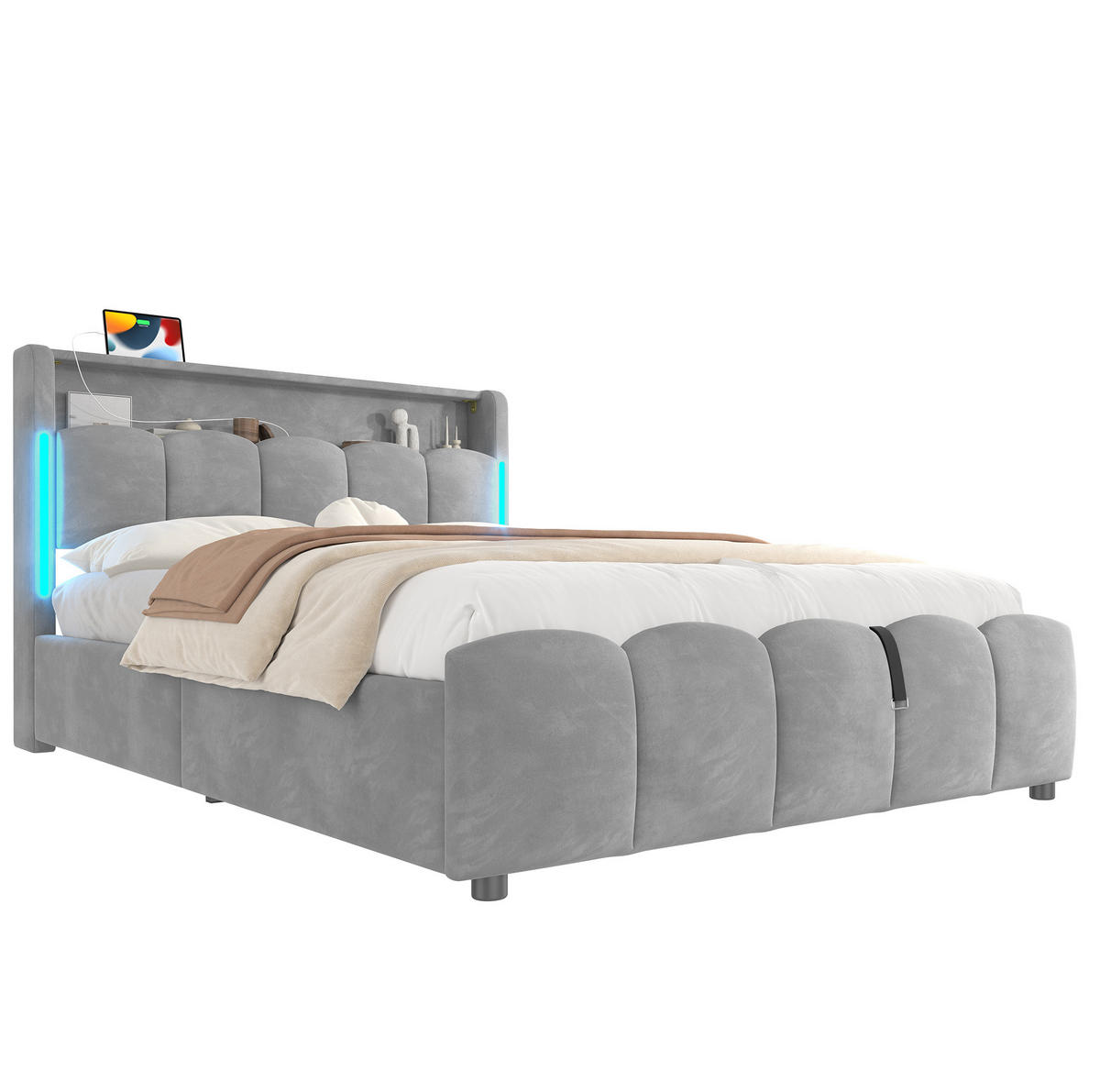 ČALOUNĚNÁ postel 140/200 cm, sametová, šedá, s LED osvětlením a úložným prostorem - šedá, textil (140/200cm) - BEAOK