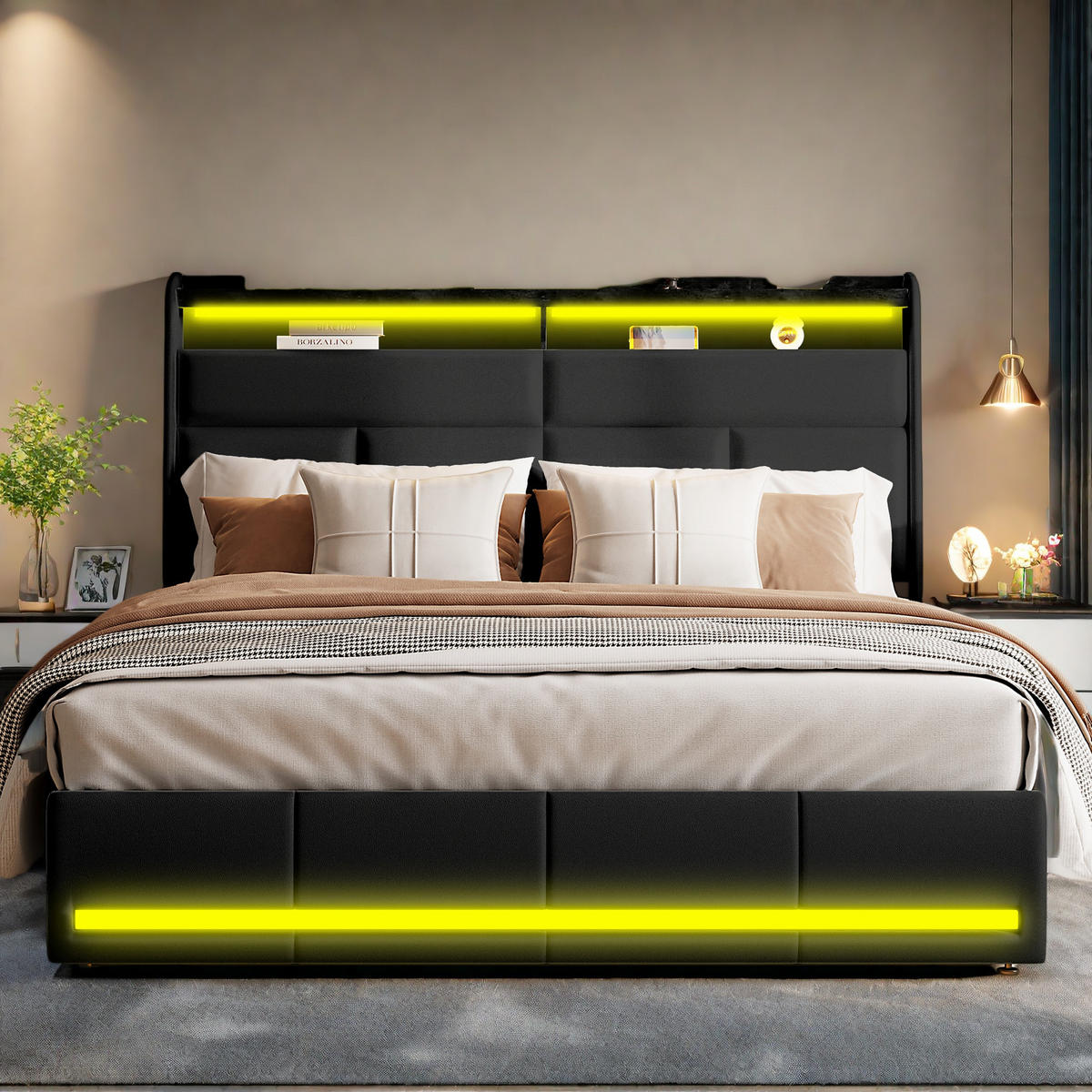 POLSTERBETT 140x200 Beige PU LED USB Hydraulik - Schwarz, Holzwerkstoff (140/200cm) - SHOPENTRA
