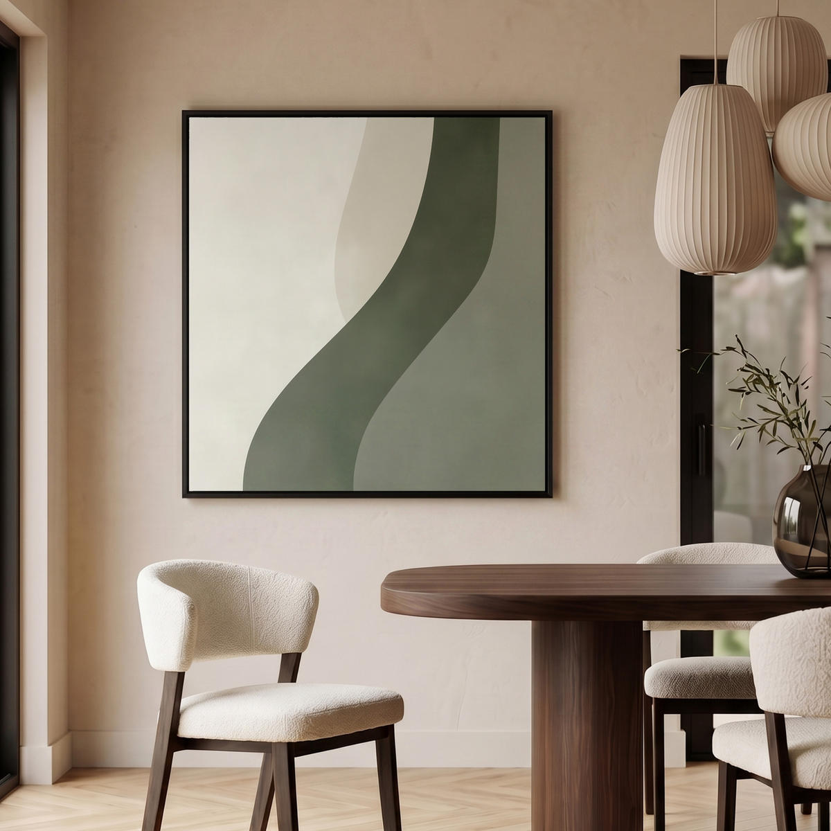 LEINWAND Bilder mit Rahmen - Japandi - Grün - Abstrakt - Modern - 90x90 - Salbeigrün, Textil (90/90cm) - MuchoWow