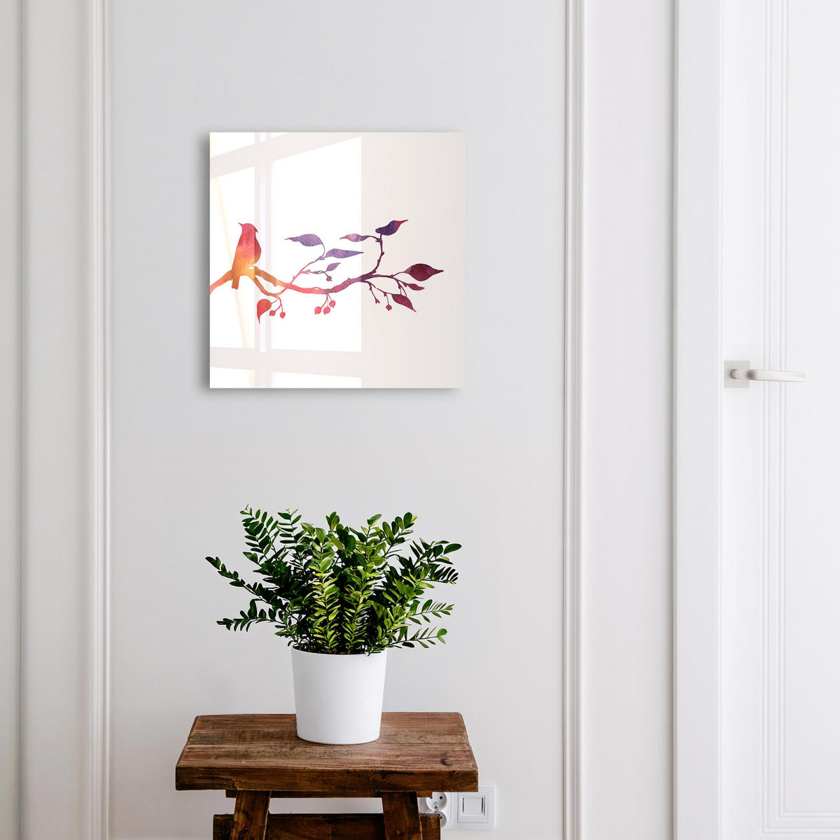 SCHLÜSSELBOX Schwarz 30x30 cm- Türöffnung nach rechts - Ein Ast mit einem Vogel - Rot, Metall (30/30/5cm) - TULUP