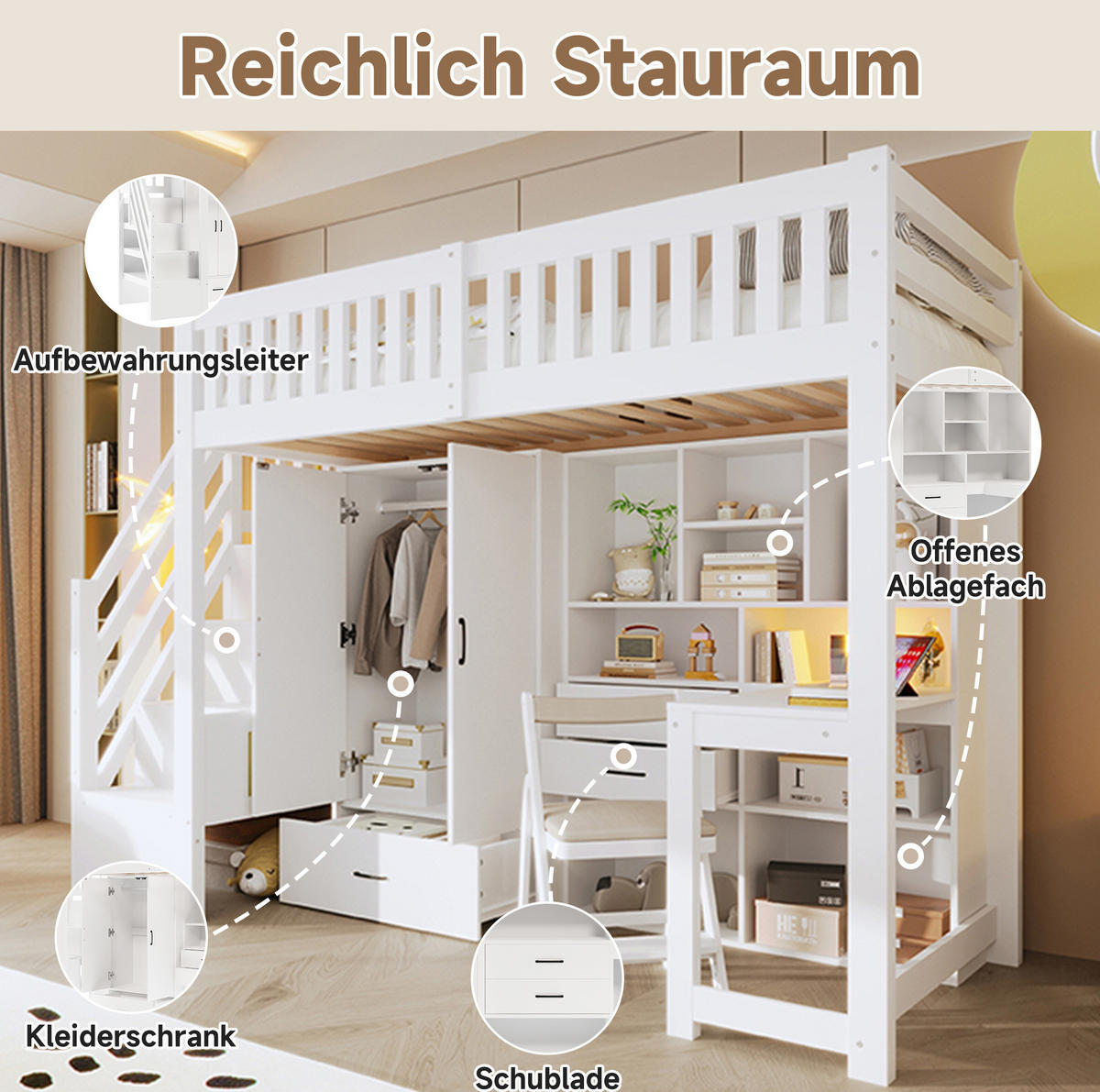 HOCHBETT 90/200 cm Weiß aus Kiefernholz mit Schreibtisch und Stauraum - Weiß, Holz (90/200cm) - OKMYHOME