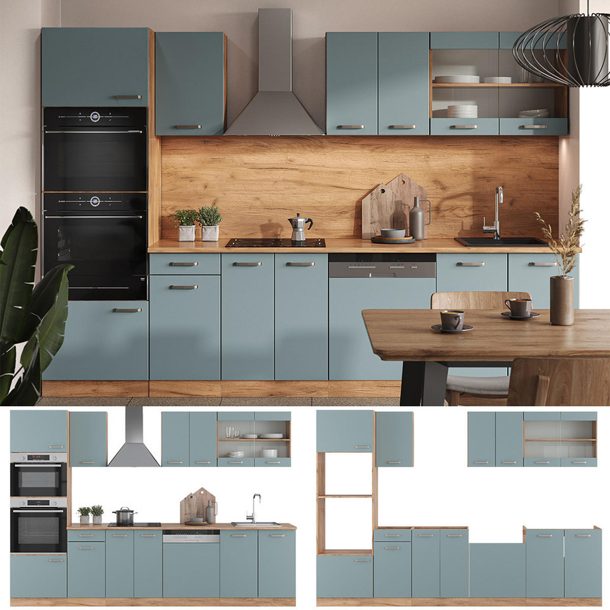 KÜCHENZEILE R-Line Blau-Grau/Goldkraft Eiche 300 cm mit Hochschrank ohne AP - Eiche Wotan/Blaugrau, Holzwerkstoff (300/81.6/46cm) - Vicco