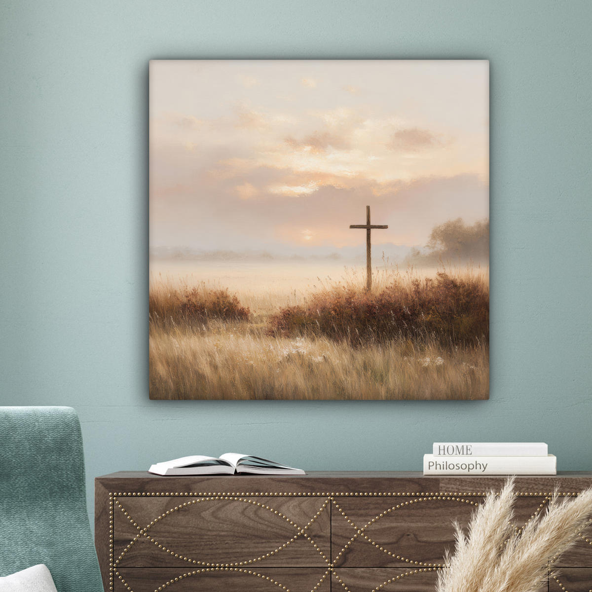 LEINWANDBILD Gras - Morgennebel - Kreuz - Christentum Deko Groß 90x90 cm - Beige, Textil (90/90cm) - MuchoWow