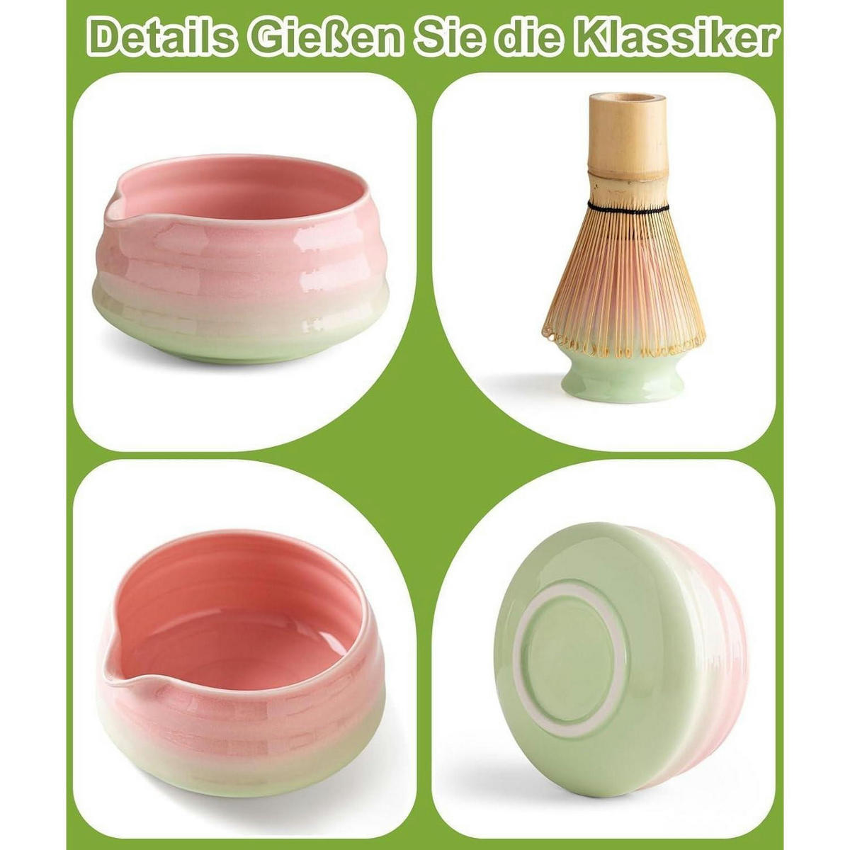 MATCHA Set 7-teilig Keramik Bambus Pink Grün - Multicolor, Keramik (15/10/15cm)