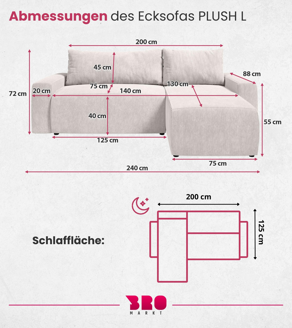 ECKSOFA PLUSH mit Schlaffunktion Weiß Cord - Weiß, Textil (240/145cm) - Bromarkt