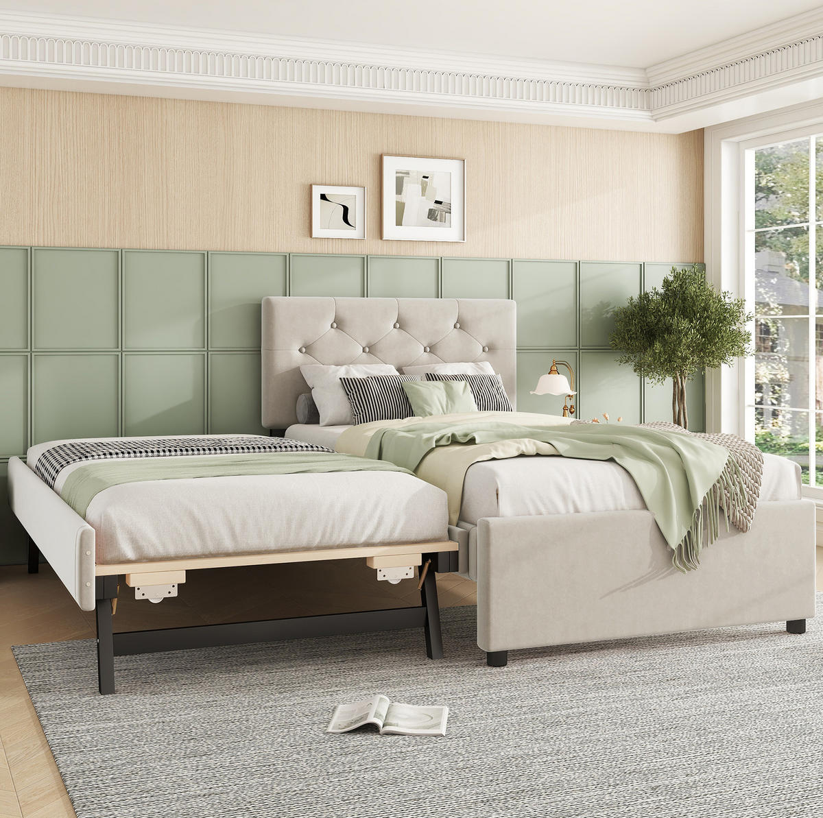 SAMT-POLSTERBETT 90/200 cm mit Rollbett und gepolstertem Kopfteil - Beige, Textil (90/200cm) - BEAOK