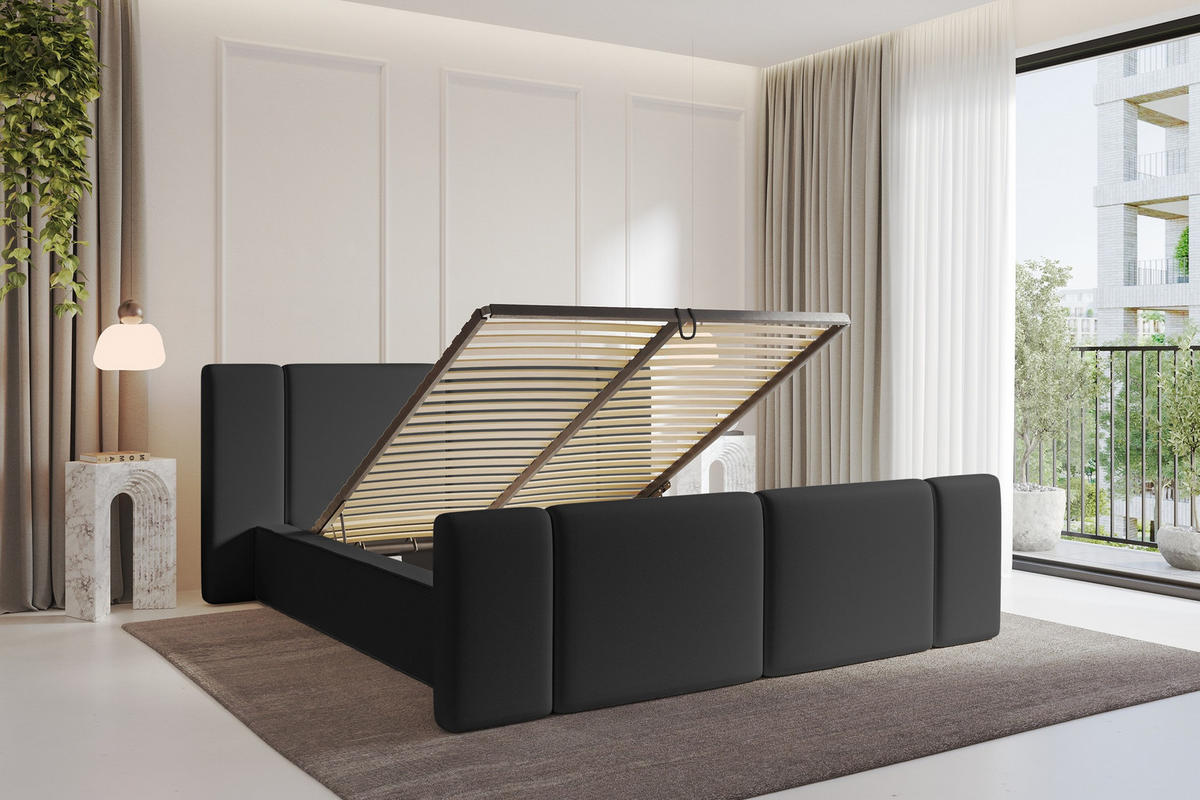 POLSTERBETT mit Bettkasten, Fußteil und Lattenrost, Bett mit Matratze H3/H4 - RIVO-Z 120x200 Schwarz - Schwarz Hochglanz, Holzwerkstoff/Textil (120/200cm) - ALTDECOR