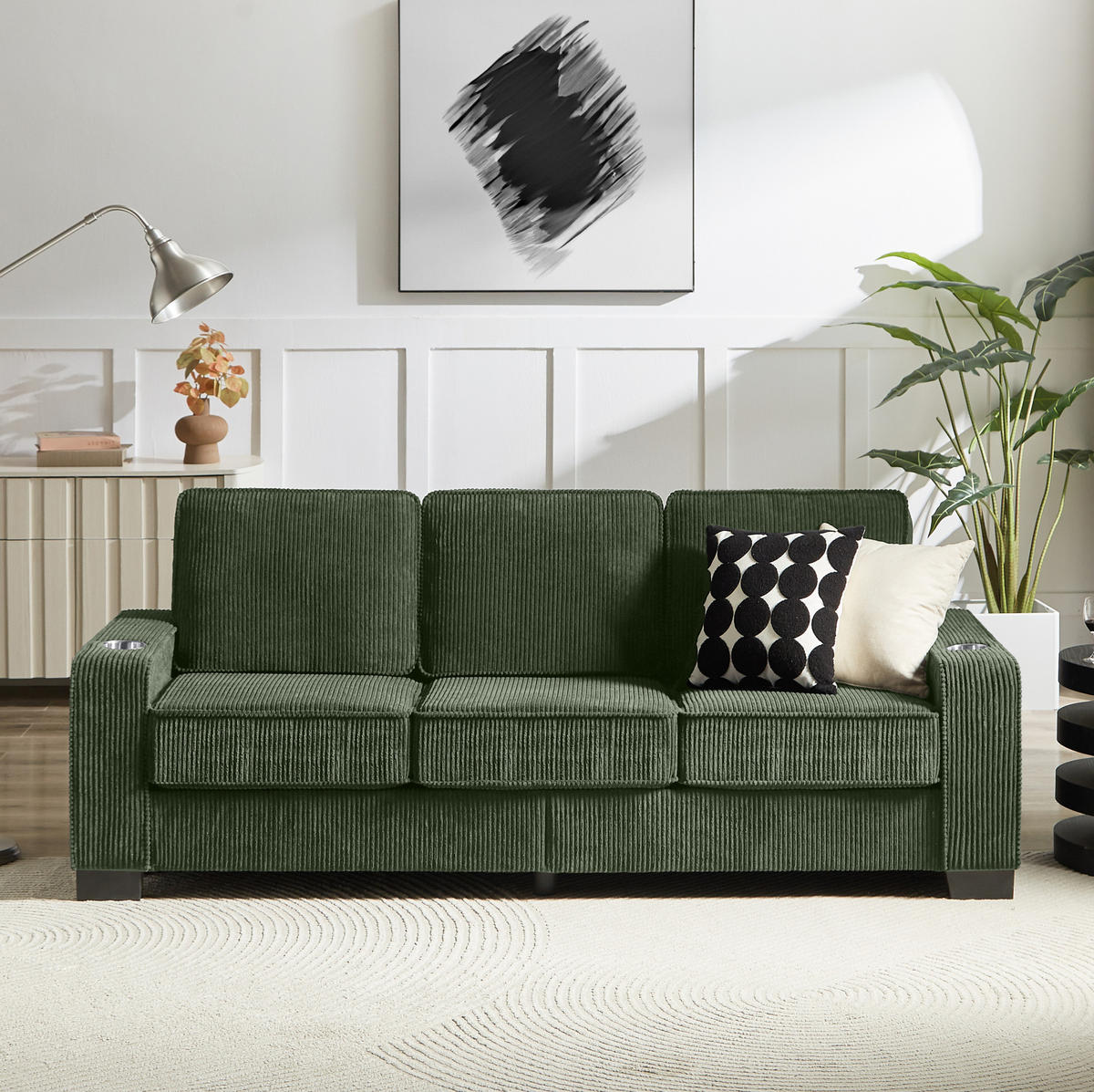 SOFA 3-Sitzer mit Getränkehaltern Cord Grün 206 cm - Grün, Holzwerkstoff (206/86/76cm) - Meubliv