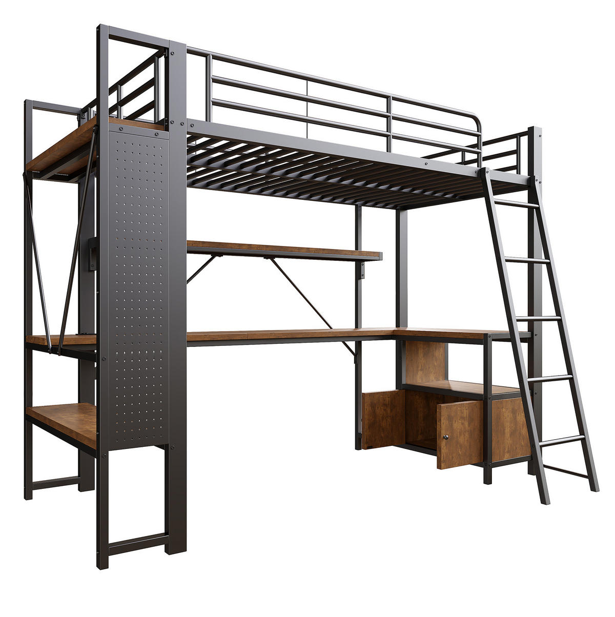 HOCHBETT mit Schreibtisch 90/200 cm in Schwarz – mit LED, USB und Stauraum - Schwarz, Metall (90/200cm) - BEAOK