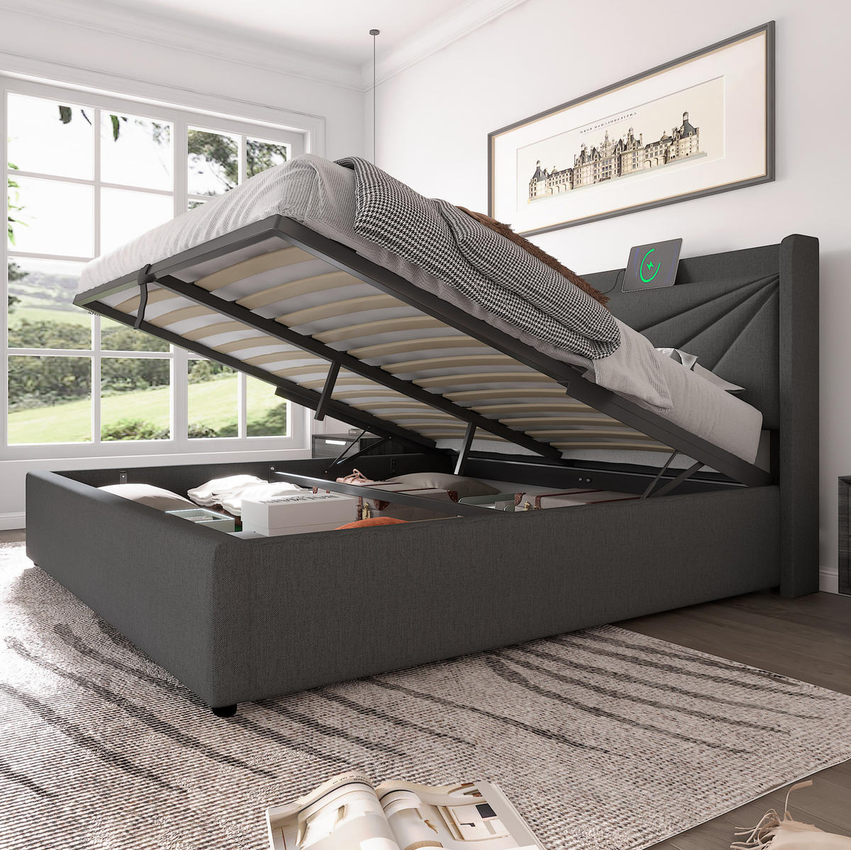 POLSTERBETT 140/200 cm mit USB- und Typ-C-Anschluss, Bettkasten und geometrischem Kopfteil, Grau - Grau, Textil (140/140cm) - Redom