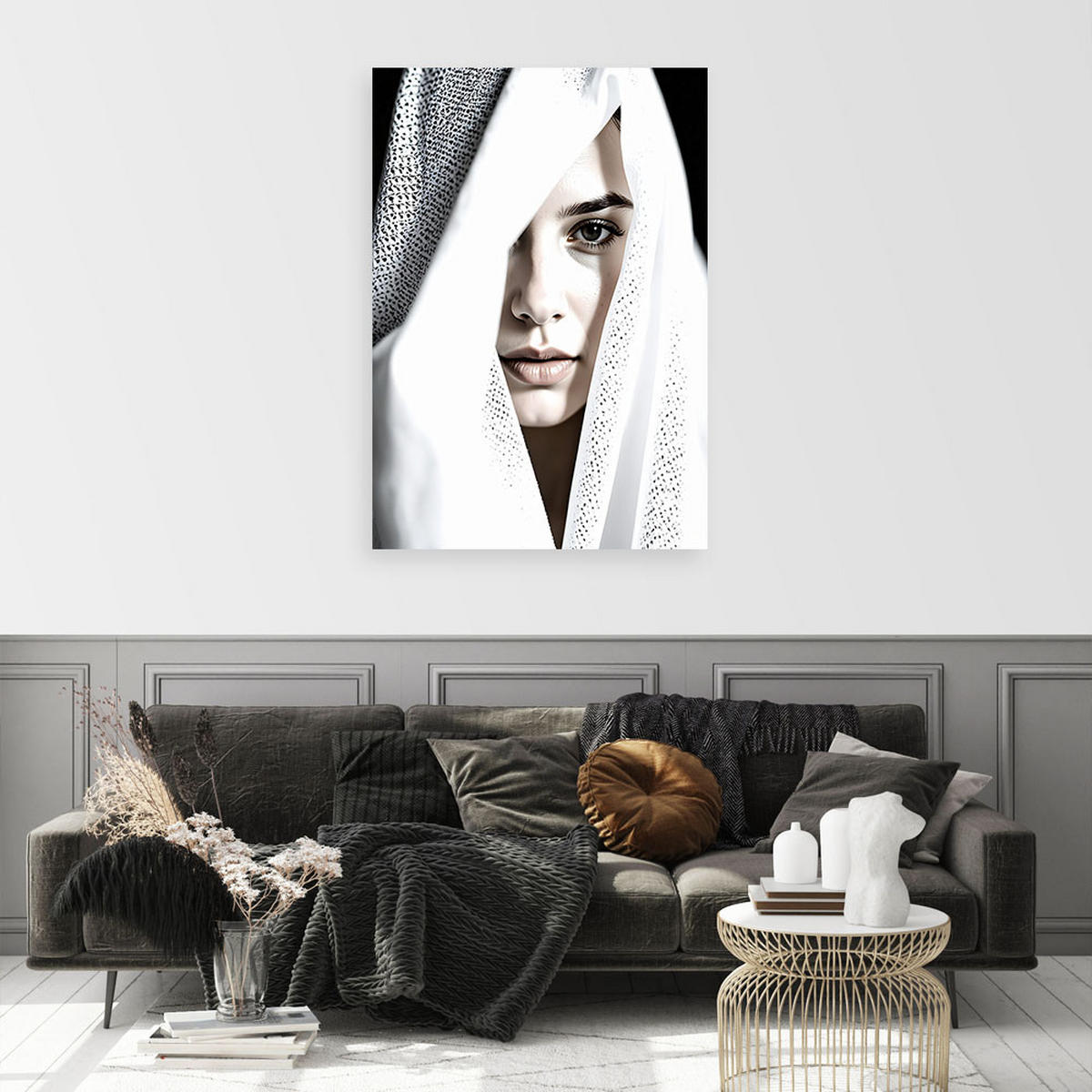 LEINWANDBILD, Porträt einer Frau die teilweise unter weißem Stoff verborgen ist - Weiß, Textil (40/60cm) - Feeby