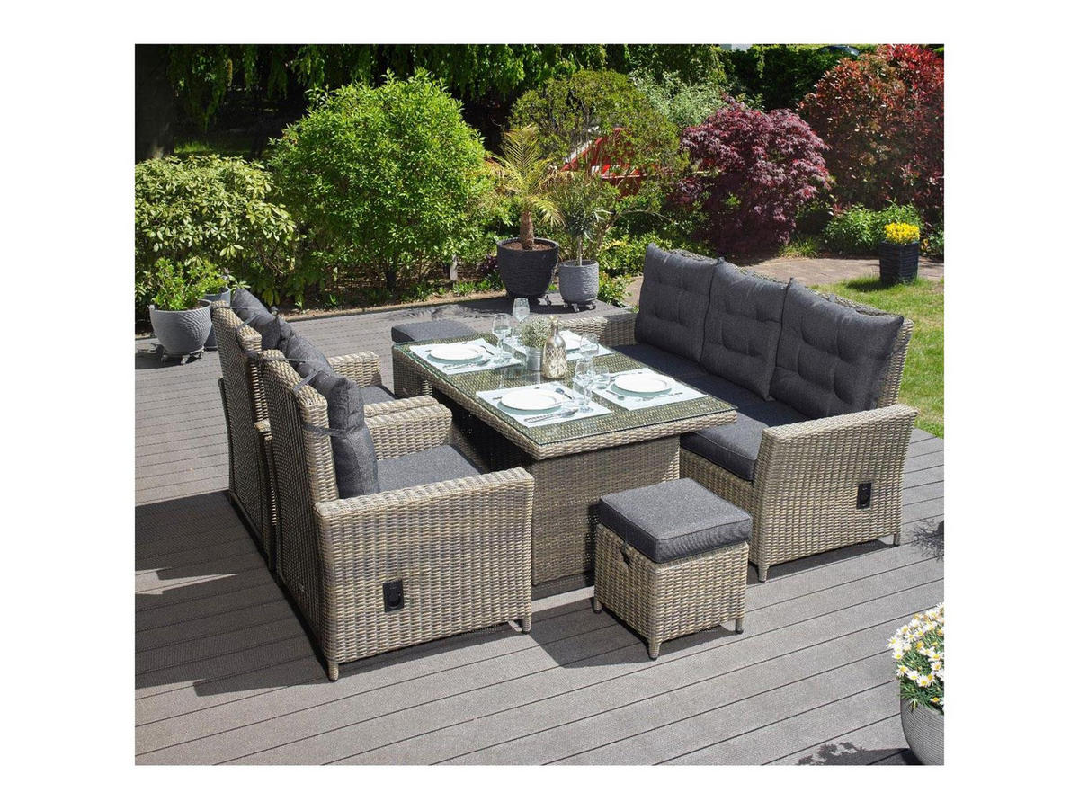 GARTEN-SITZGRUPPE Asti Braun Polyrattan für 7 Personen - Grau, Naturmaterialien - Green Spirit