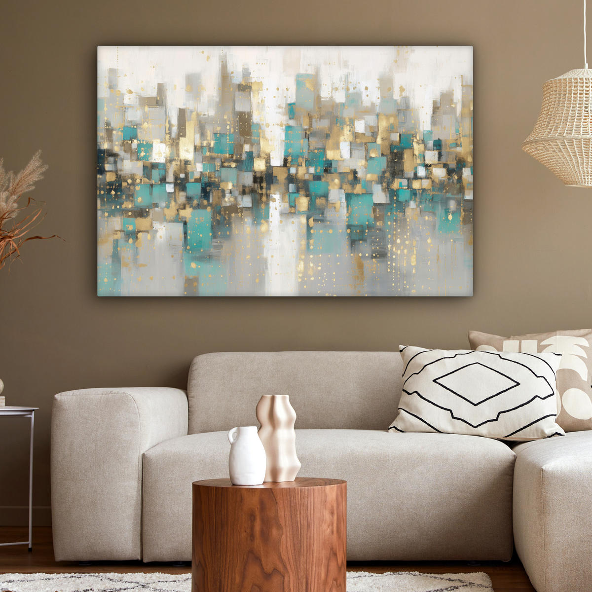 LEINWANDBILD Abstrakt - Blöcke - Gold - Skyline Wohnzimmer Groß 120x80 cm - Beige, Textil (120/80cm) - MuchoWow