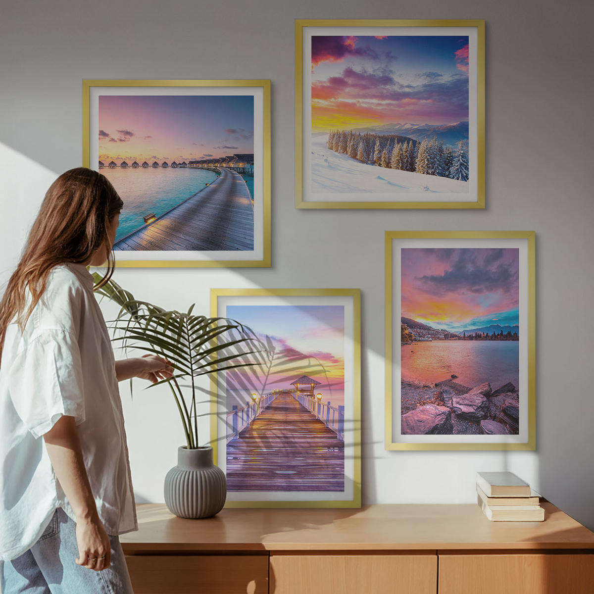 WANDBILDER 4er Set - 50x50 cm & 40x60 cm Goldrahmen - Winterlandschaft des Pierbergs - Goldfarben, Kunststoff (50/50cm) - ArtPrintCave