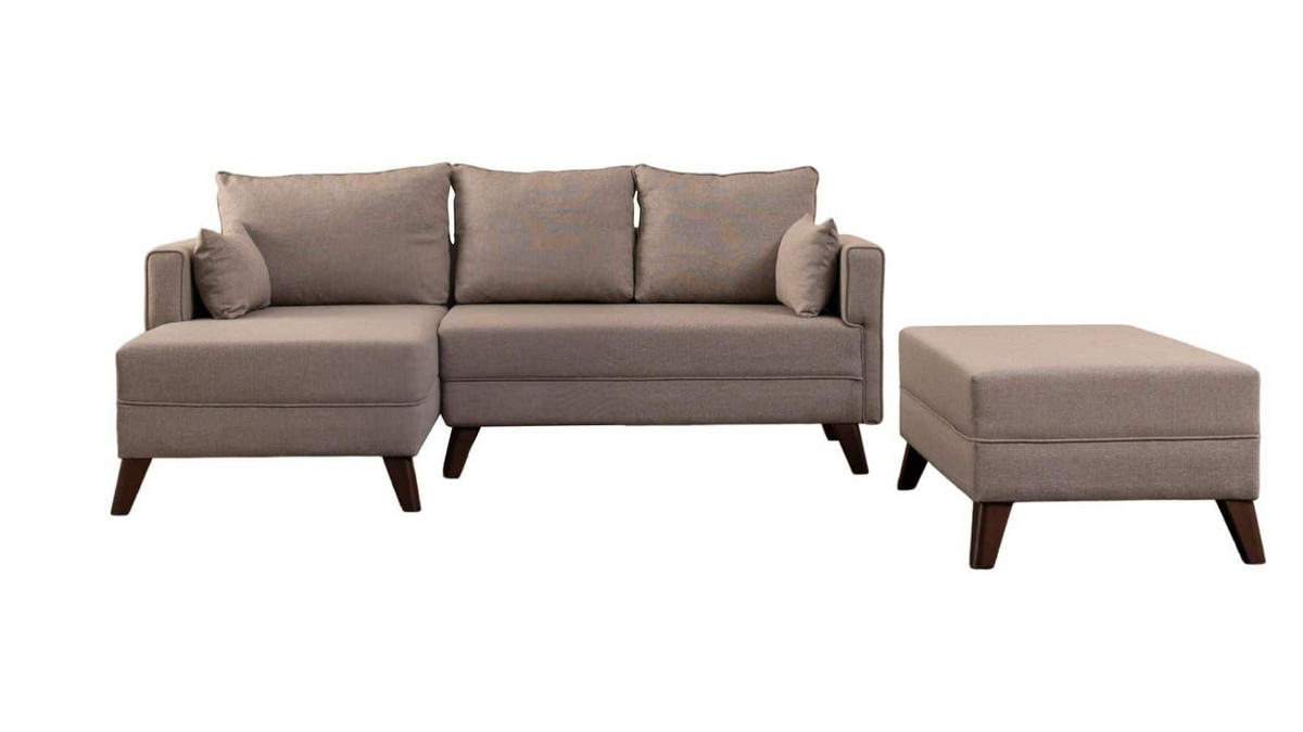 ECKSOFA mit Hocker als Schlaffläche, perfekt für kleine Räume - Walnussfarben/Creme, Holz/Kunststoff (205/140cm) - myHomelando