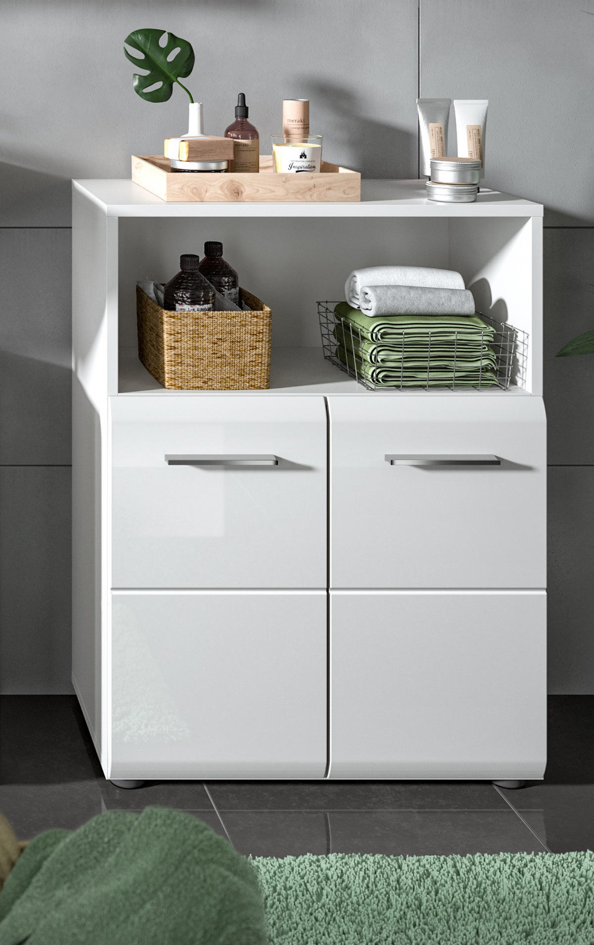 BADKOMMODE weiß Hochglanz, Badezimmer Kommode 60 x 80 cm - Weiß Hochglanz/Silberfarben, Holzwerkstoff/Kunststoff (60/80/30cm) - Inn.Furn