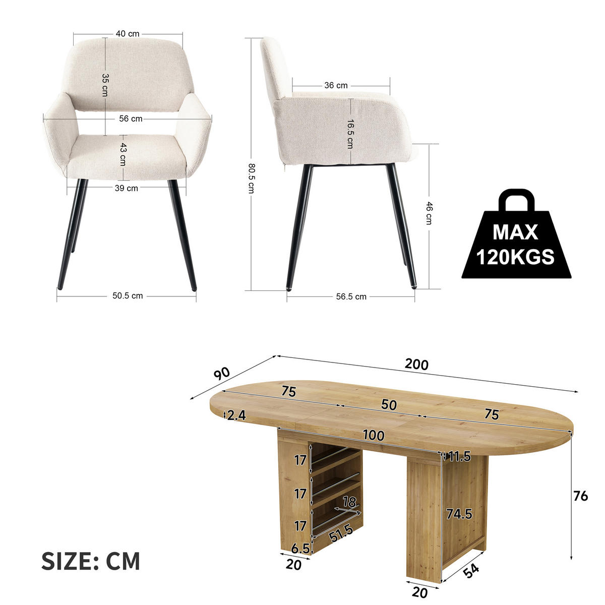 ESSGRUPPE 1+6 Ausziehbarer Tisch Eiche 150-200cm & 6 Armlehnstühle Beige - Eichefarben, Holzwerkstoff (200/76/90cm) - Urban Meuble