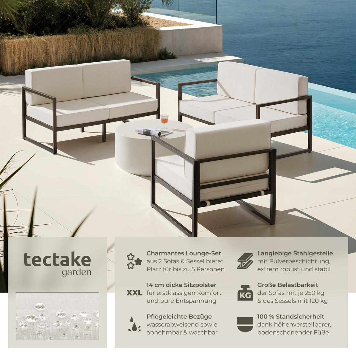 GARTEN-LOUNGESET Comosa,höhenverstellbare Füße,braun/beige - Beige/Braun, Kunststoff - tectake