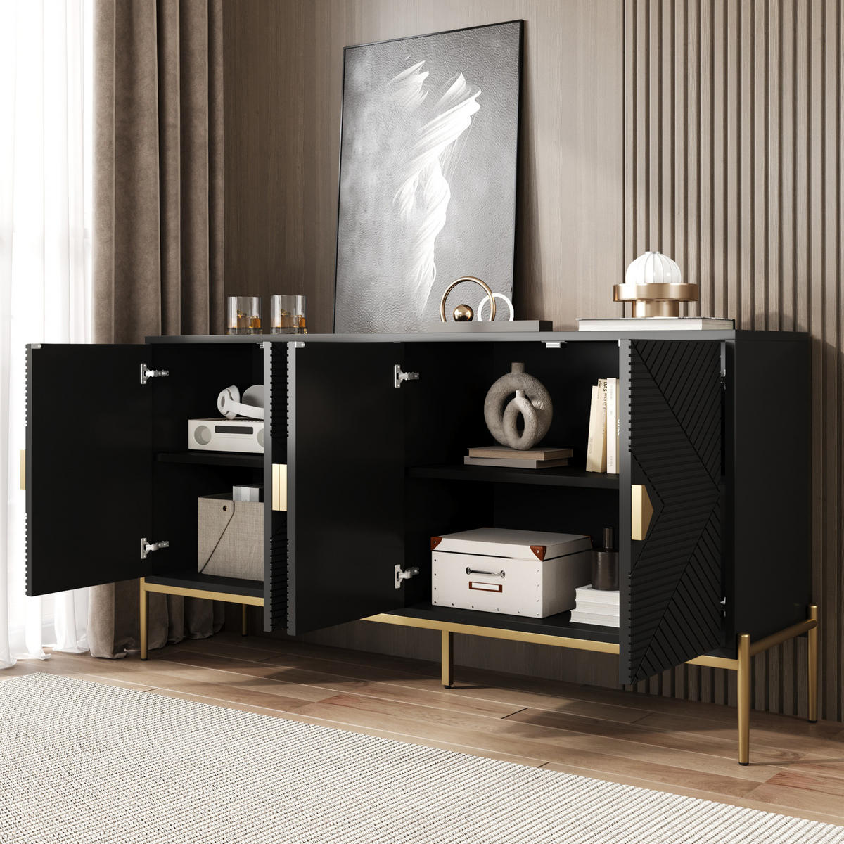 KOMMODE 162/40/80 cm in Schwarz mit 4 Türen und goldfarbenen Metallbeinen - Schwarz, Holzwerkstoff (162/80/40cm) - Flora Grace