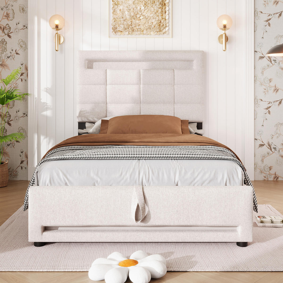 POLSTERBETT 90/200 cm in Beige Leinen mit Bettkasten, LED und USB - Beige, Holzwerkstoff/Textil (90/200cm) - WISHDOR