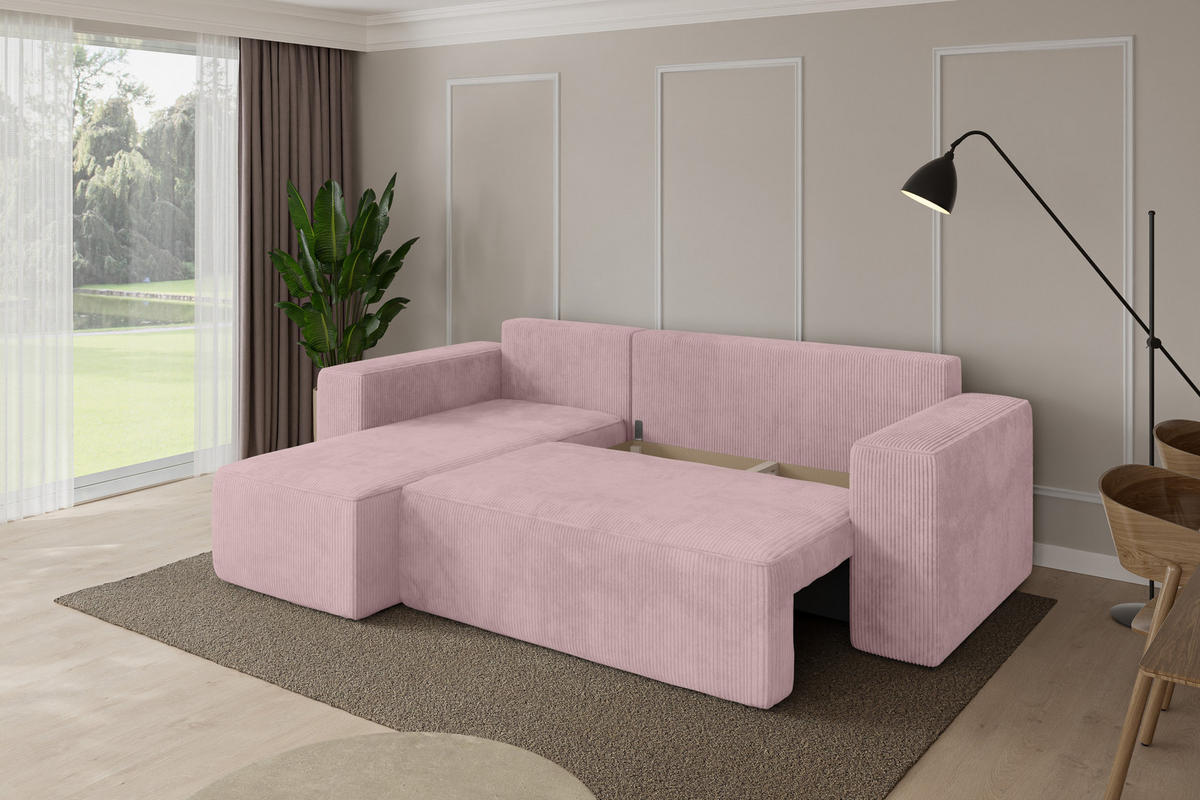 ROHOVÁ SEDAČKA s funkcí spaní, otoman vlevo SENO-L 249x139x85 růžová manšestr - růžová/černá, kompozitní dřevo/textil (249/139cm) - ALTDECOR