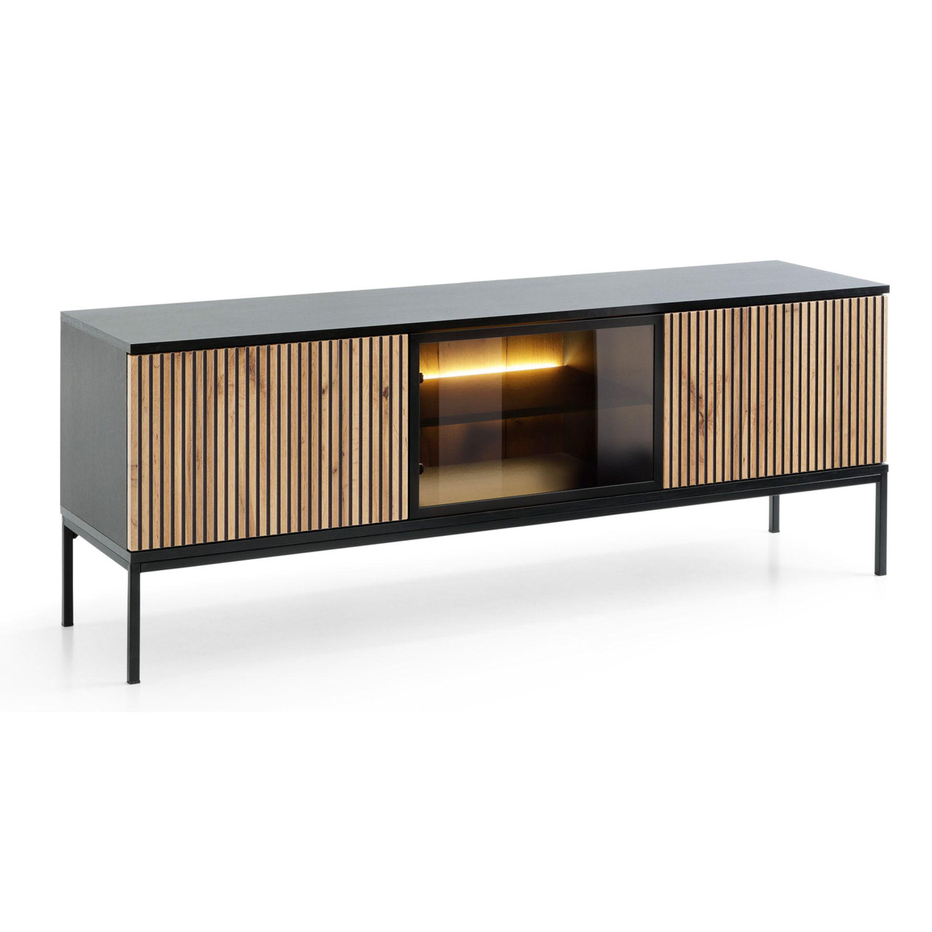TV-LOWBOARD Tosena Schwarz / Eiche mit LED 154 cm - Eichefarben/Schwarz, Holzwerkstoff/Metall (154/56/39cm) - Selsey