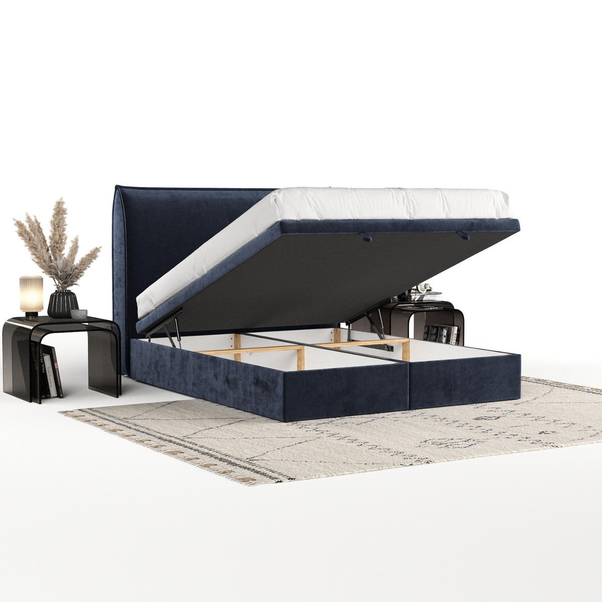 POLSTERBETT Tuvalu mit Stauraum 160/200 cm Marineblau im Lotta Stoff - Schwarz/Dunkelblau, Holz/Holzwerkstoff (160/200cm) - AltaBeds