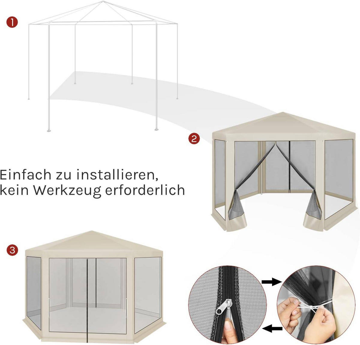 PAVILLON 3,8x3,3 m seckeckig, Gartenpavillon mit Seitenwänden Moskitonetz - Beige, Metall (380/250/330cm) - Woltu