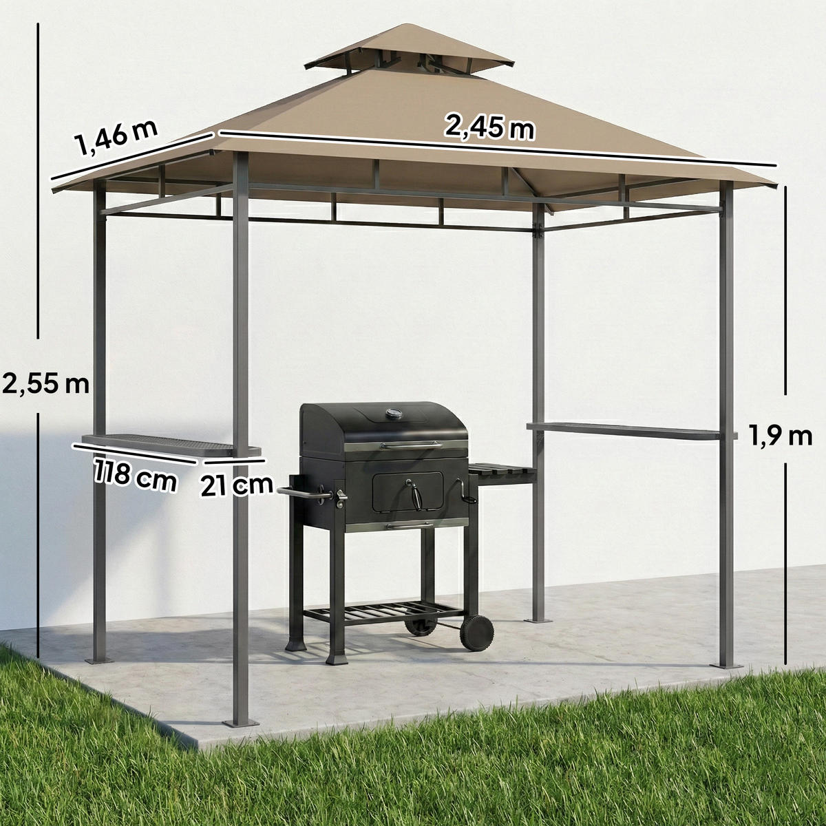 GRILLPAVILLON DE-12741 245/146/255 cm Doppeldach, 2 Seitenregale Braun - Braun, Metall (146/255/245cm) - ComfortXL