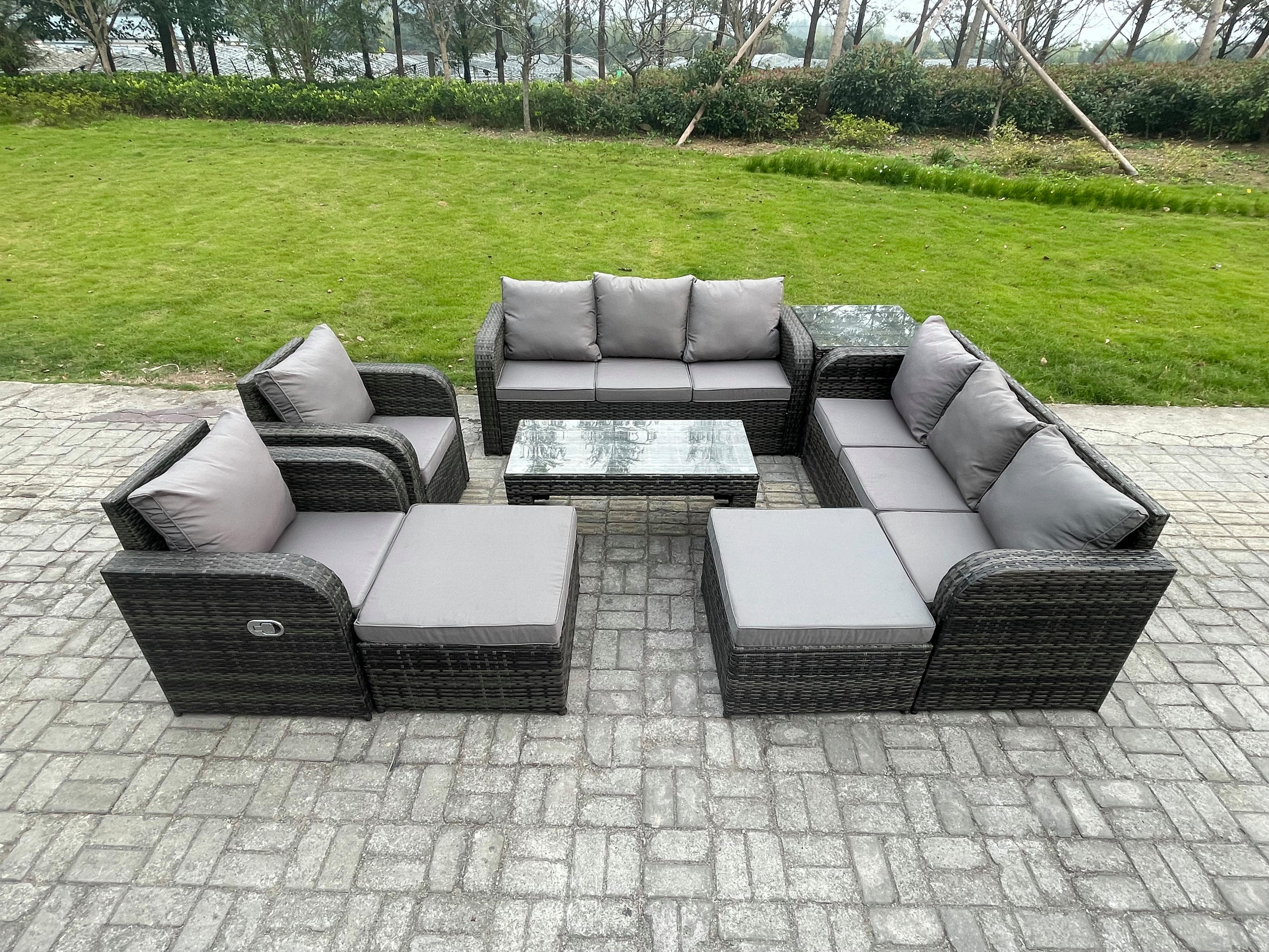 GARTENSOFA SET mit rechteckigem COUCHTISCH Polyrattan 10-Sitzer Dunkelgrau - Dunkelgrau/Grau, Glas/Kunststoff - Fimous