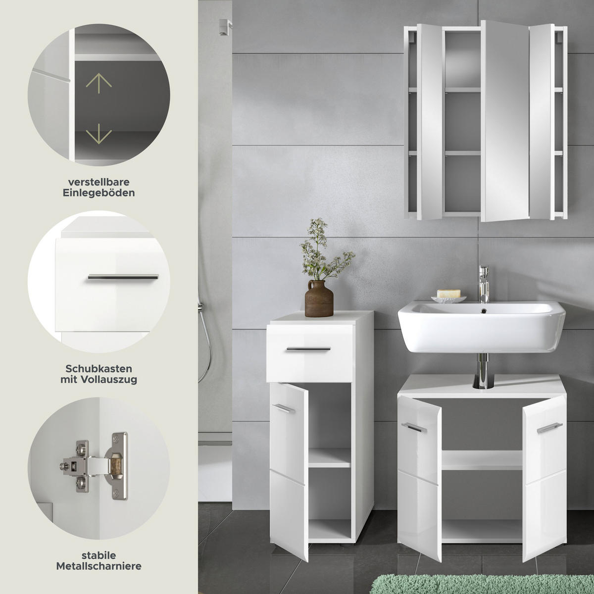 BADKOMBINATION Ice 105x185x30cm weiß Hochglanz MDF 3tlg. - Weiß, Holz (105/185/30cm)