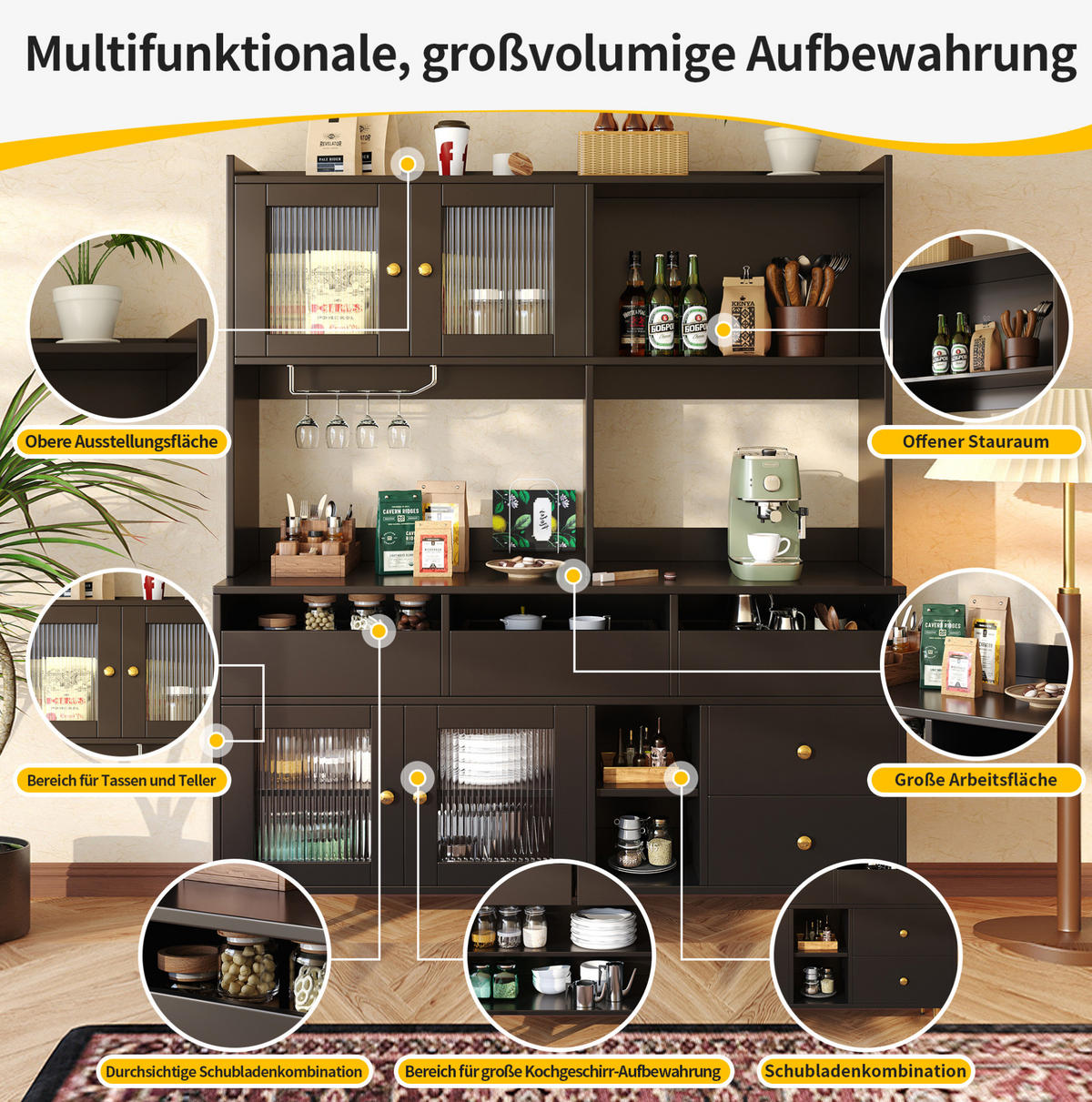 ANRICHTE Esszimmer-Hochschrank 145/39/171 cm aus MDF mit Changhong-Glastüren und Weinregal Schwarz - Schwarz, Holzwerkstoff (145/171/39cm) - Modenvie