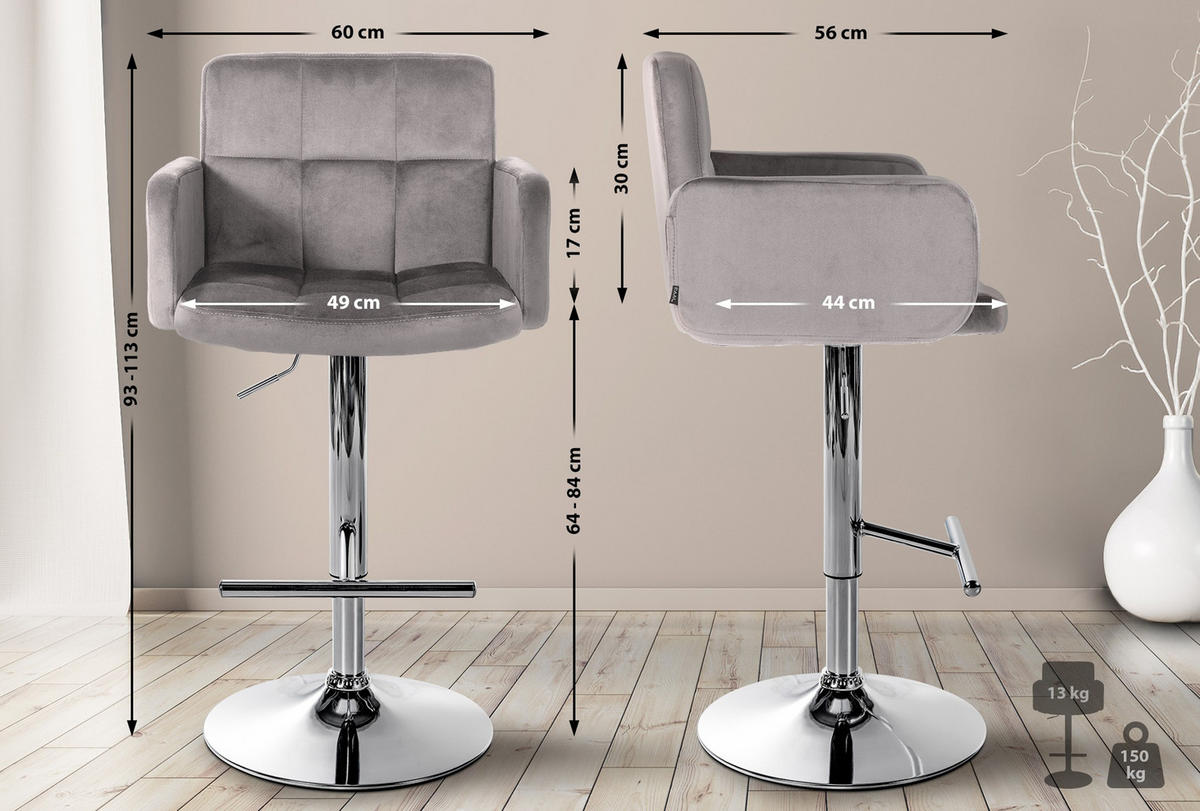 BARHOCKER Lausanne Samt chrom grau - Chromfarben/Grau, Textil/Metall (60/113/56cm) - TPFLiving