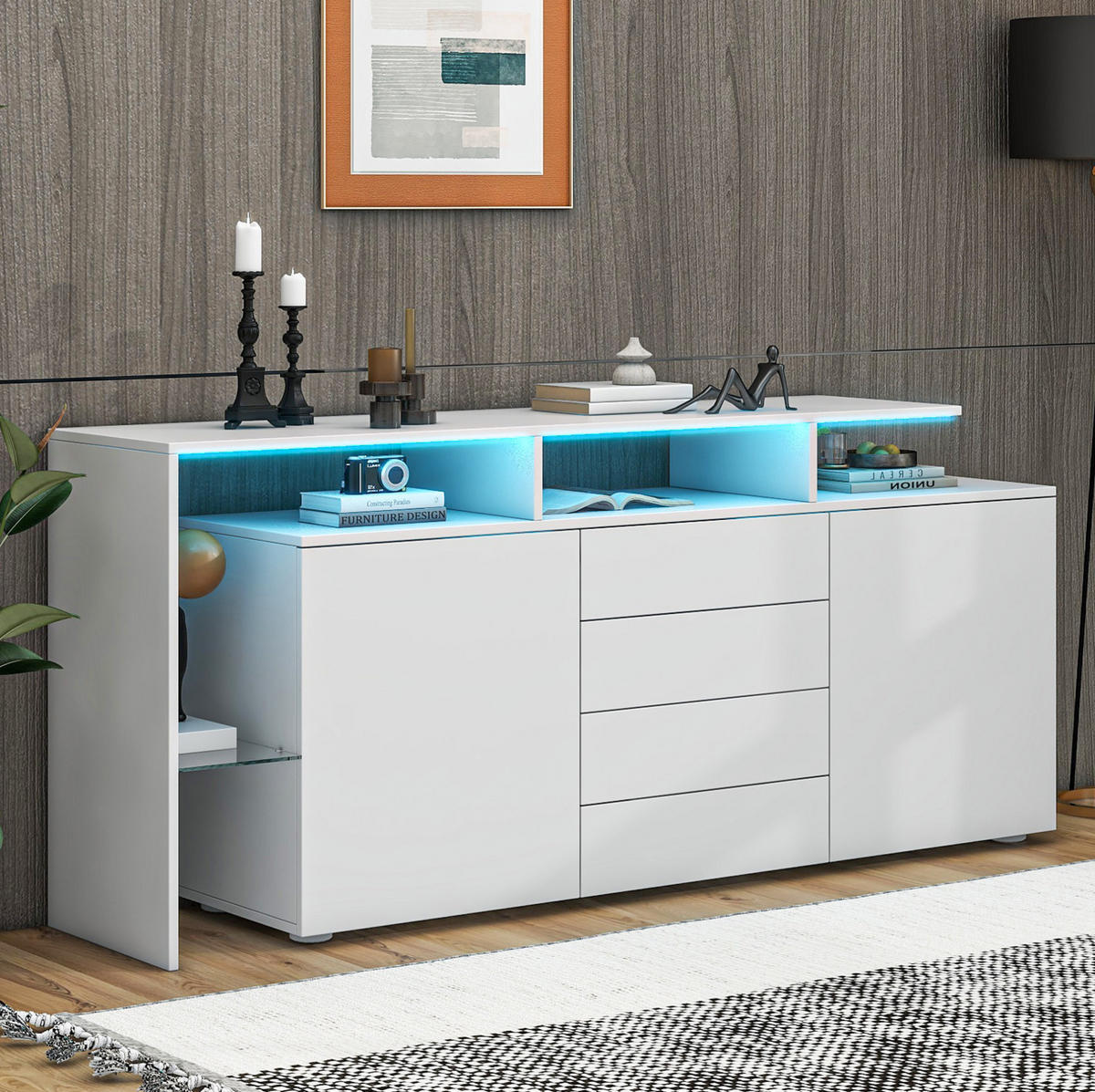 SIDEBOARD 160/35/70 cm mit LED-Beleuchtung, 4 Schubladen, 2 Türen und Push-to-open, Weiß - Weiß, Holzwerkstoff (160/70/35cm) - Redom