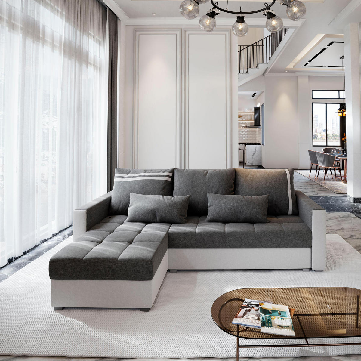 ECKSOFA KOS PIK Hellgrau Dünner Stoff mit Schlaffunktion - Hellgrau/Grau, Holz (220/140cm) - MASSENO