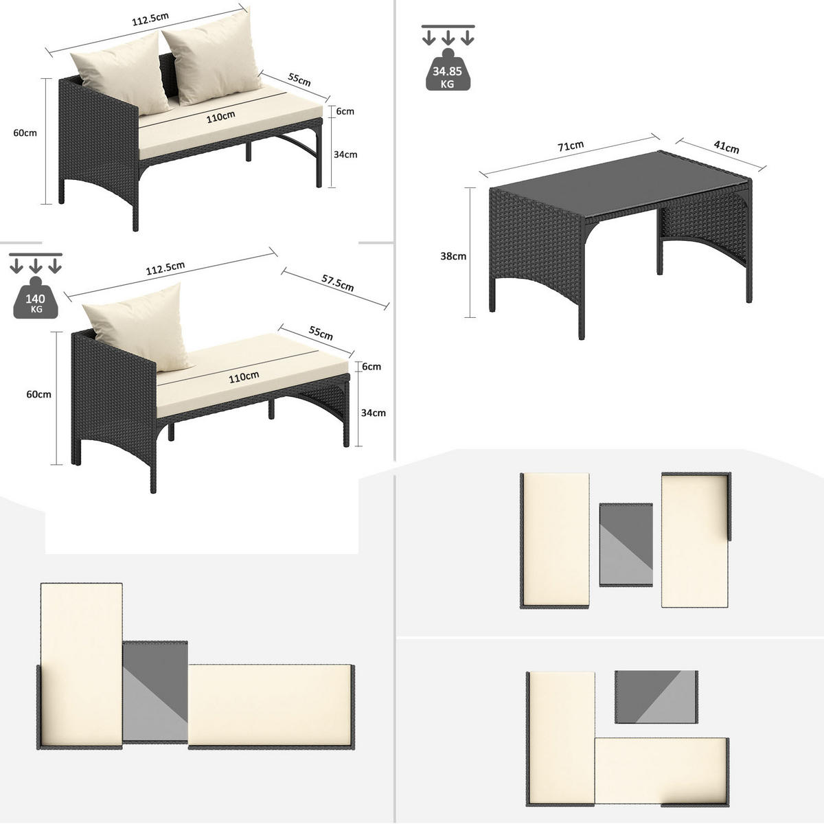 ECKSOFA Loungeset 3tlg Schwarz Gartensofa Modular - Schwarz, Textil - Rattrix