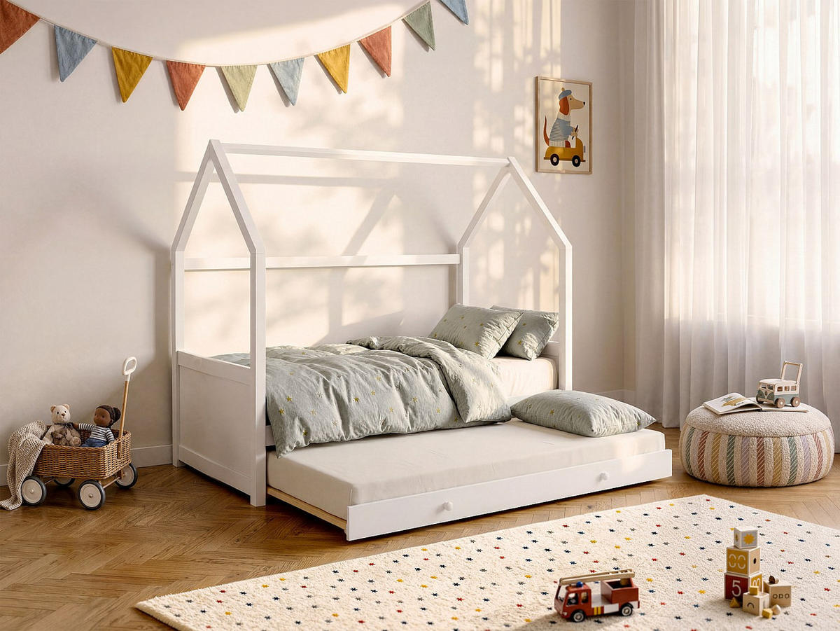 HAUSBETT - 1 Person - Holz, Platte - Weiß - - Weiß, Holz (90/190cm) - Vente-Unique
