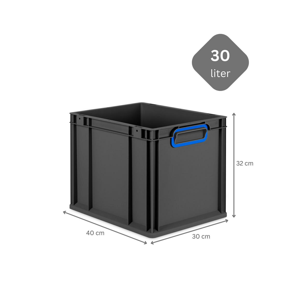 EUROBOX 4x NextGen Color mit Auflagedeckel 32x30x40 cm 30 Liter Schwarz Griffe blau zu - Blau/Schwarz, Kunststoff (30/32/40cm) - PROREGAL
