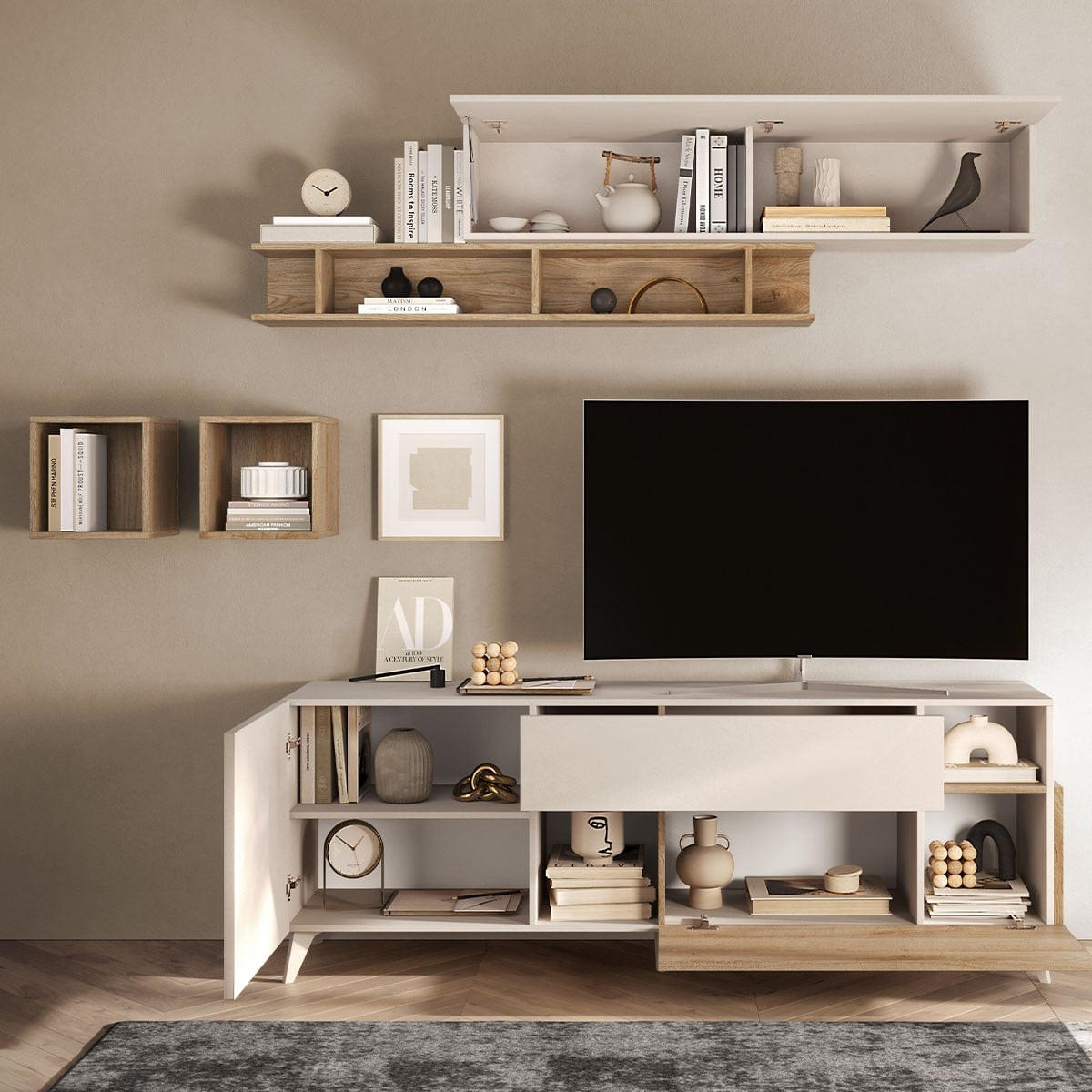 TV-MÖBEL mit 2 Türen, 1 Schublade und 2 Nischen - Mala - 181/43/67 cm - Beige, Holzwerkstoff (43/67/181cm) - Calicosy